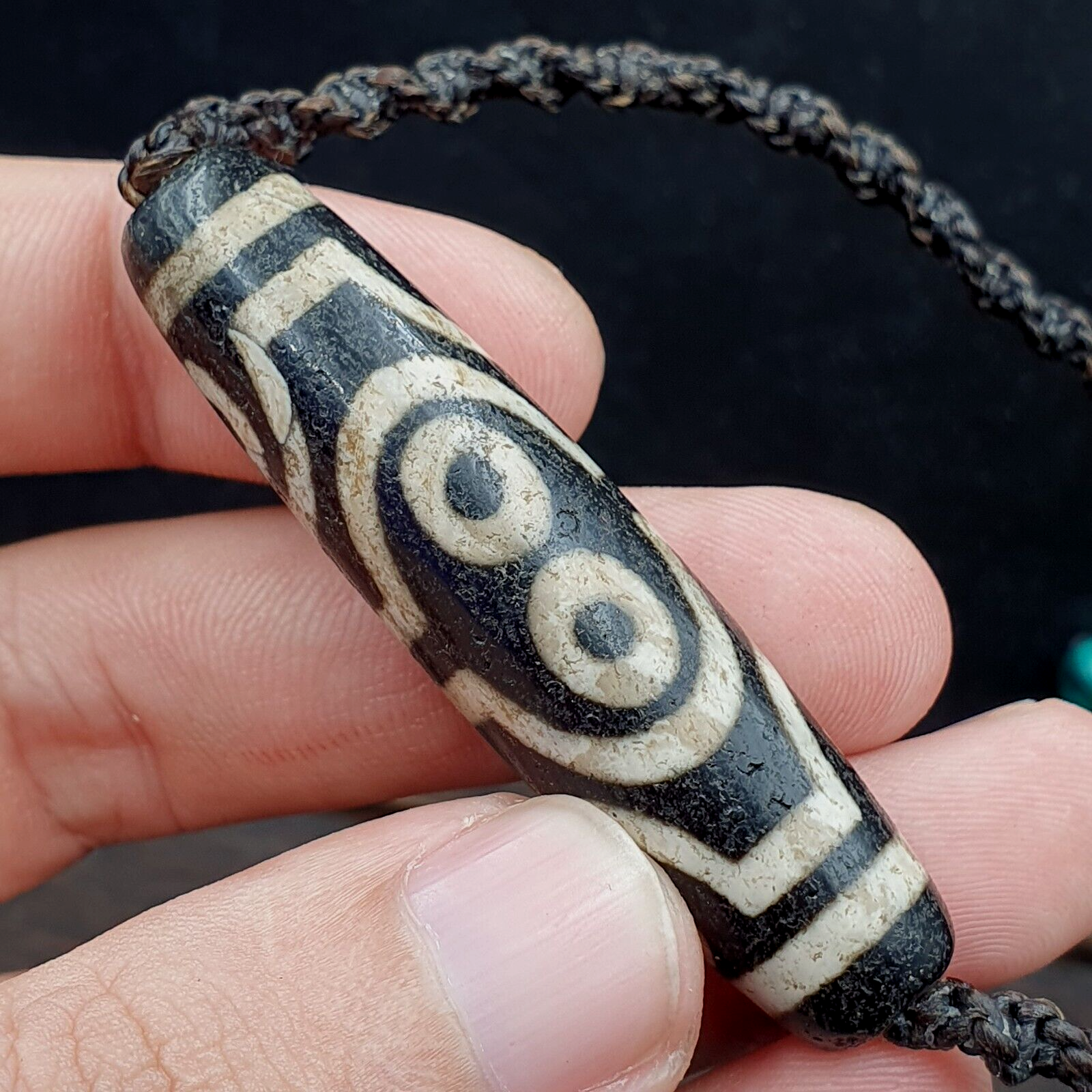 8 Eyes BEAD Tibetan dzi bead old amulet Black Agate Wax Thread Necklace
