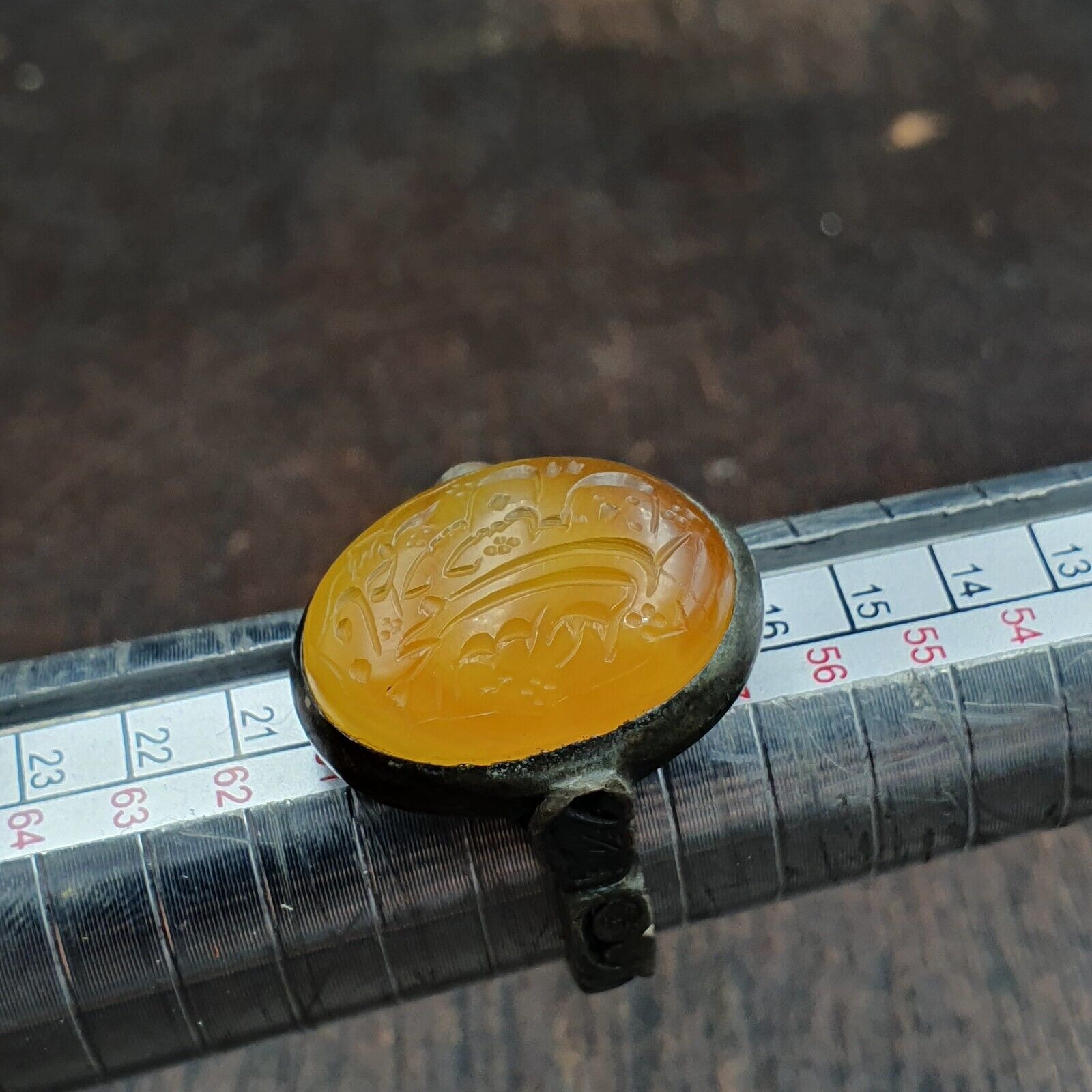 Antique Islamic Yellow Carving Agate Stone 925 Sterling Silver Ring