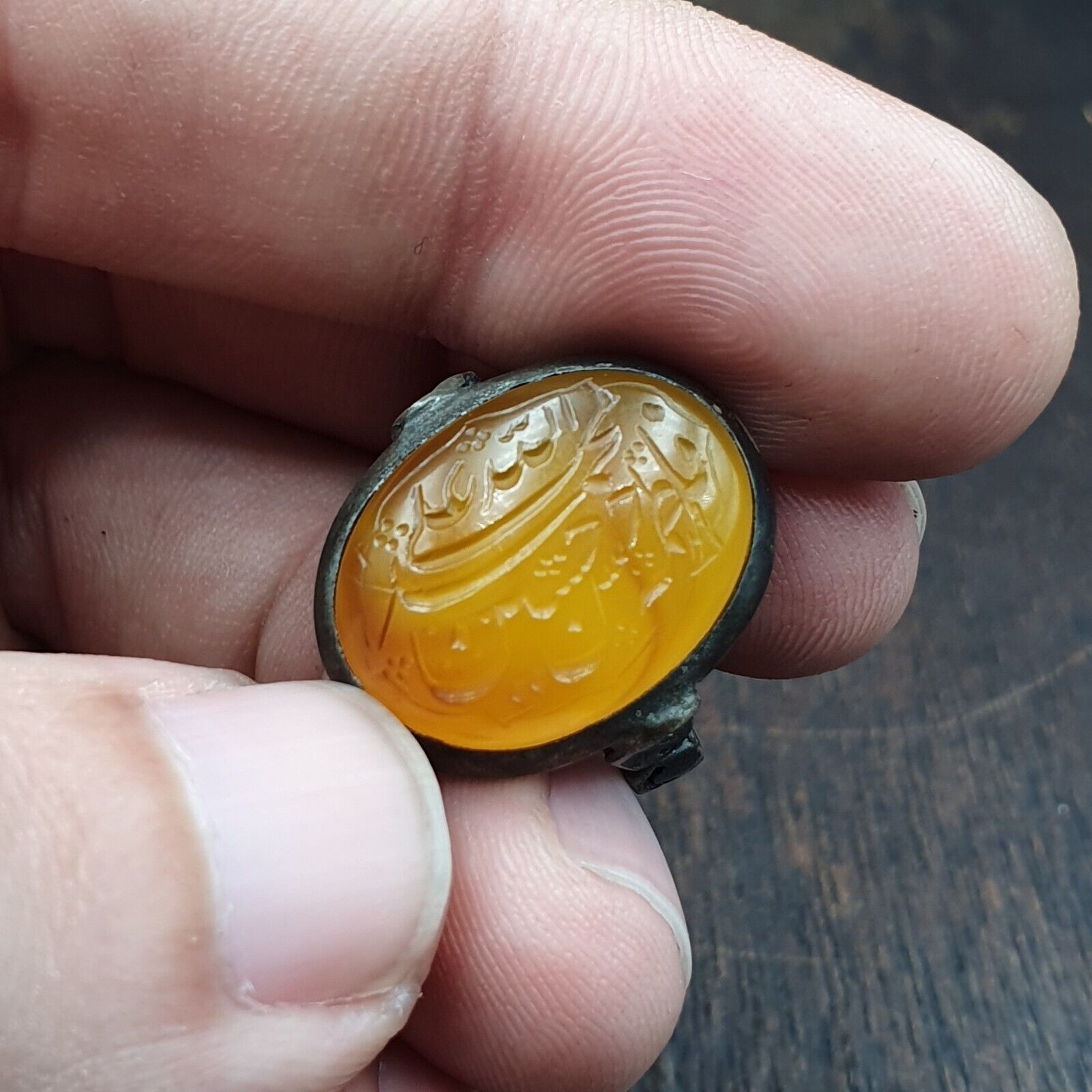 Antique Islamic Yellow Carving Agate Stone 925 Sterling Silver Ring