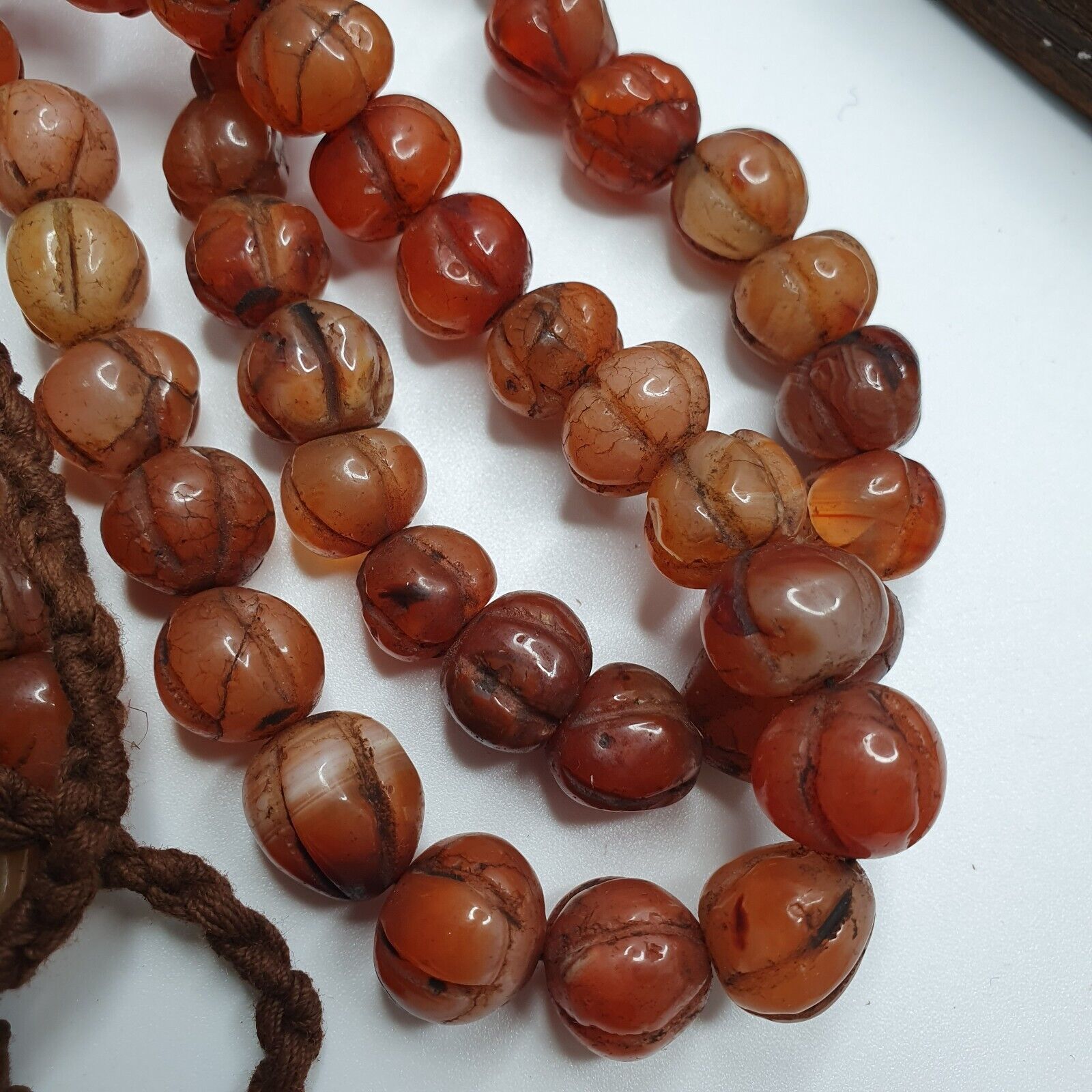 2 Vintage Himalayan Tibetan Carnelian Carved Agate Melon Shape Beads Necklaces