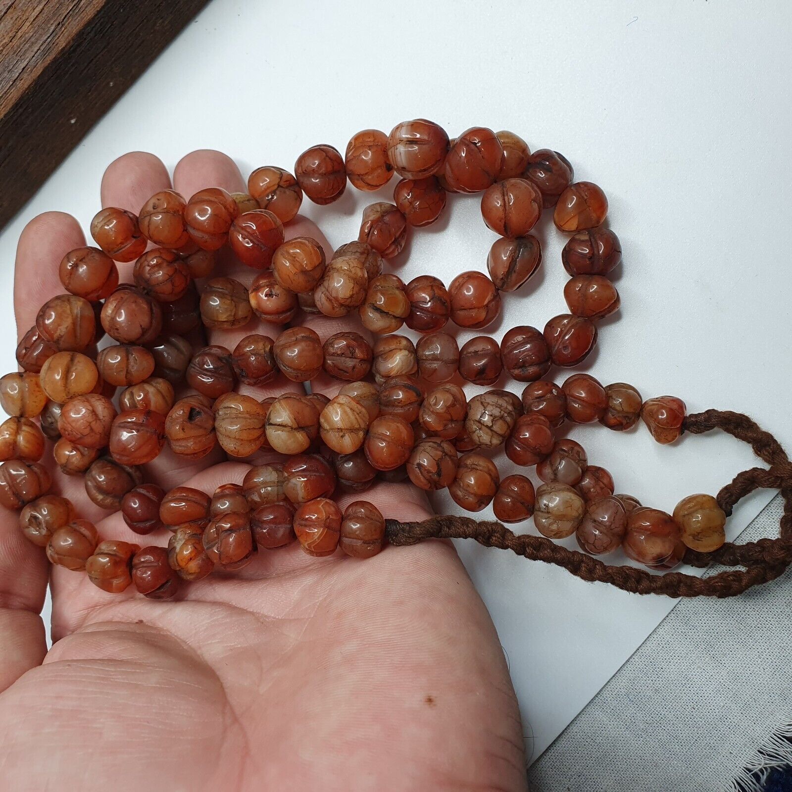 2 Vintage Himalayan Tibetan Carnelian Carved Agate Melon Shape Beads Necklaces
