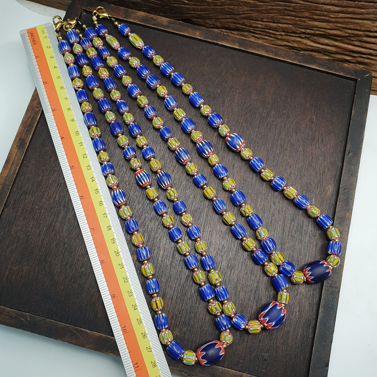 Vintage Old Blue, yellow Chevron Trade beads Old African Glass Beads Necklace