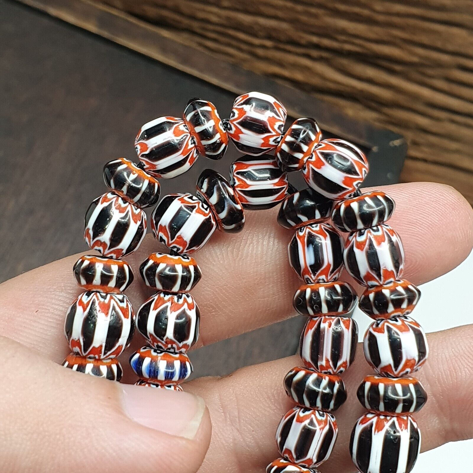 Vintage Black Chevron Venetian style Glass Beads Necklace
