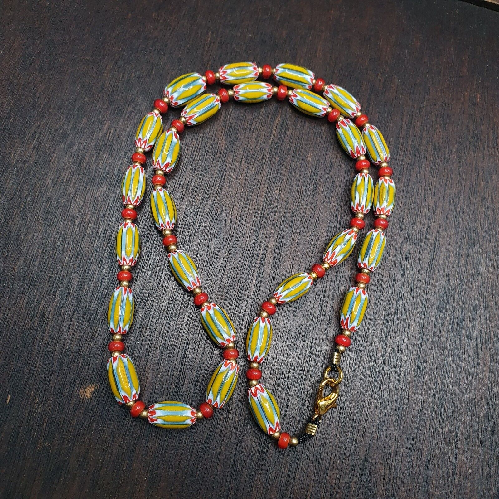 Vintage yellow Chevron whiteheart Trade beads Old African Beads Necklace