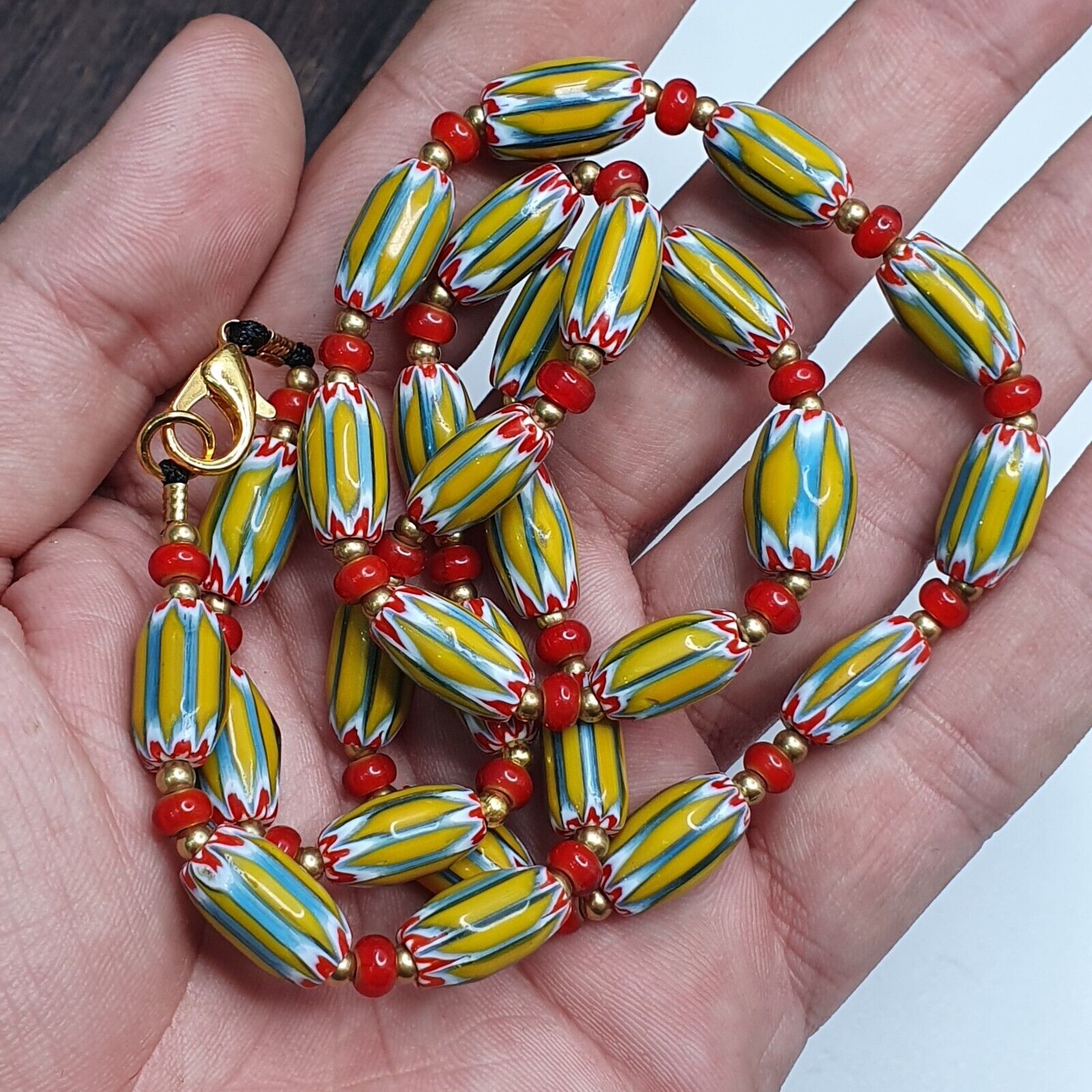 Vintage yellow Chevron whiteheart Trade beads Old African Beads Necklace