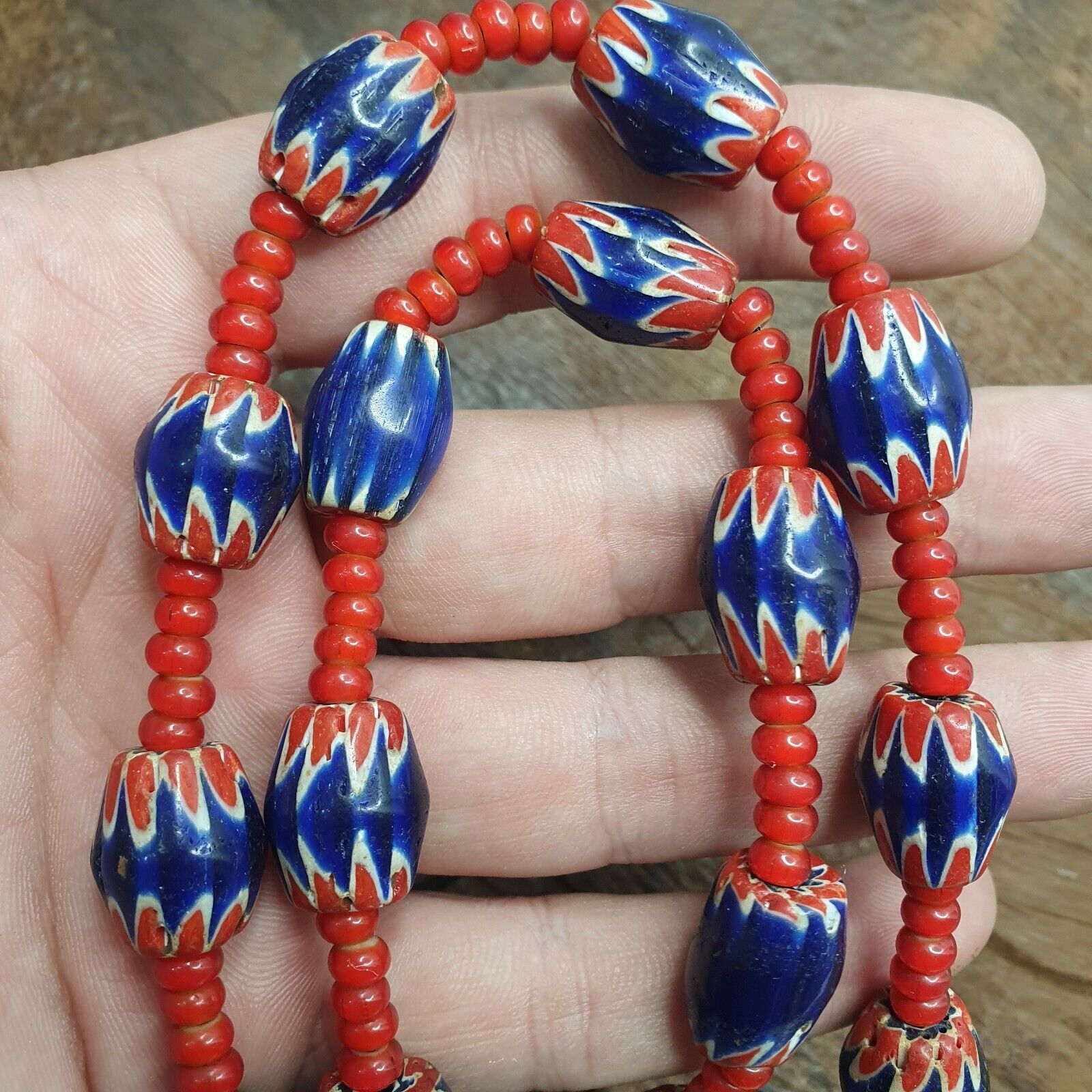 Antique Vintage Venetian White Heart & Blue Chevron Trade Beads Necklace ACH1
