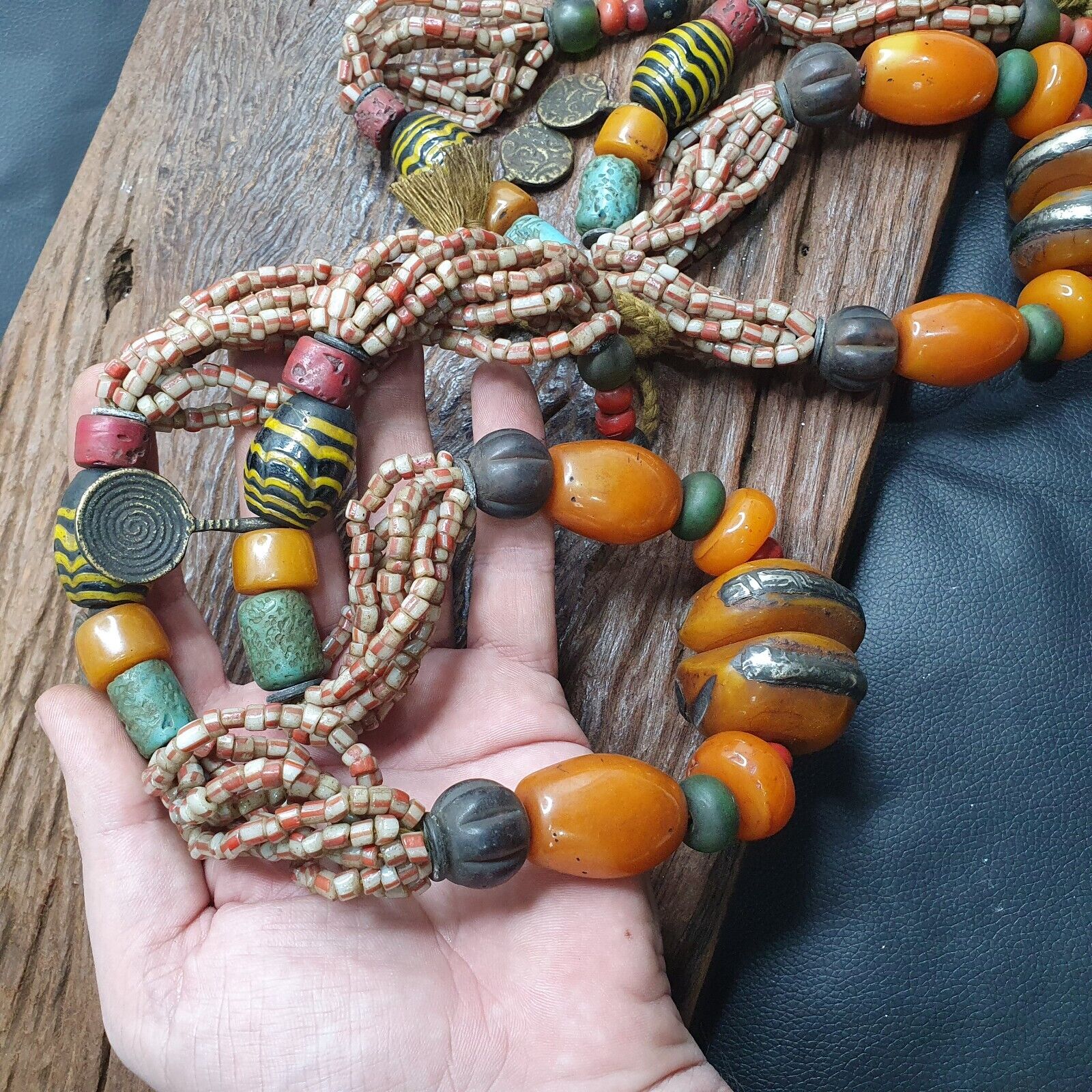 Handcrafted Amber Resin and glass beads Vintage Jewelry Necklace 271grams