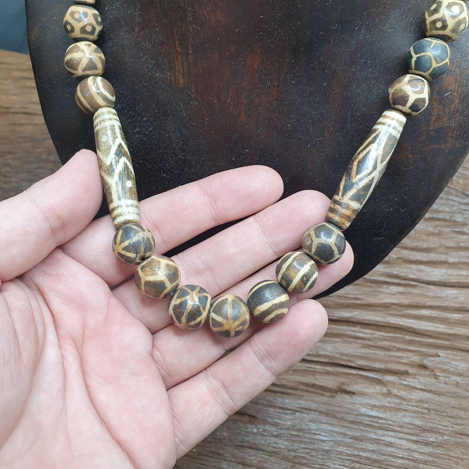 Beautiful Asian Burmese Old Pumtek Palm Wood Stone beads Necklace PMY-2