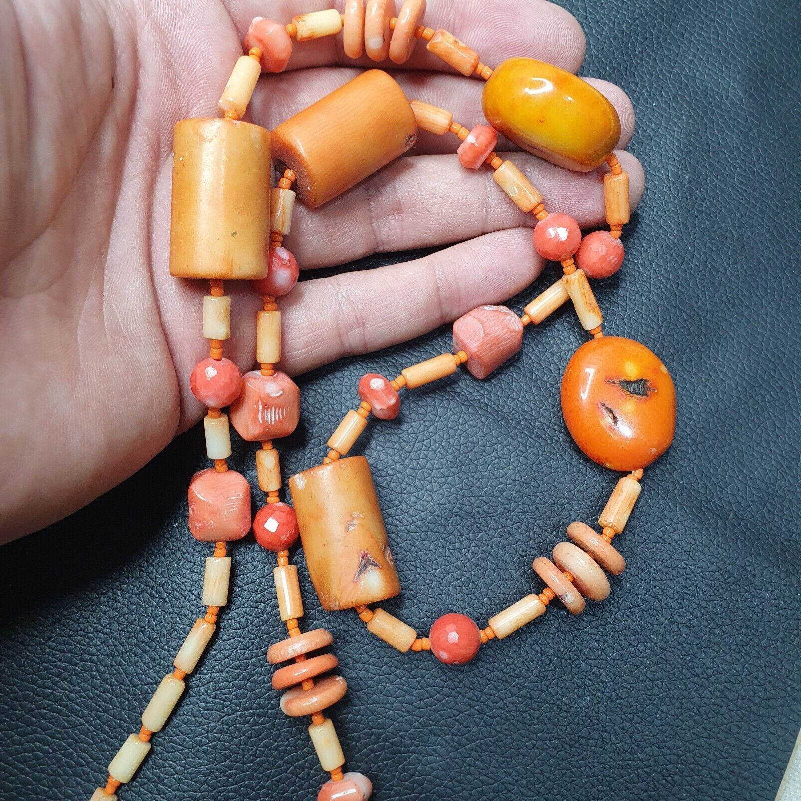 Vintage Genuine Pink, orange Coral Beads Long Necklace