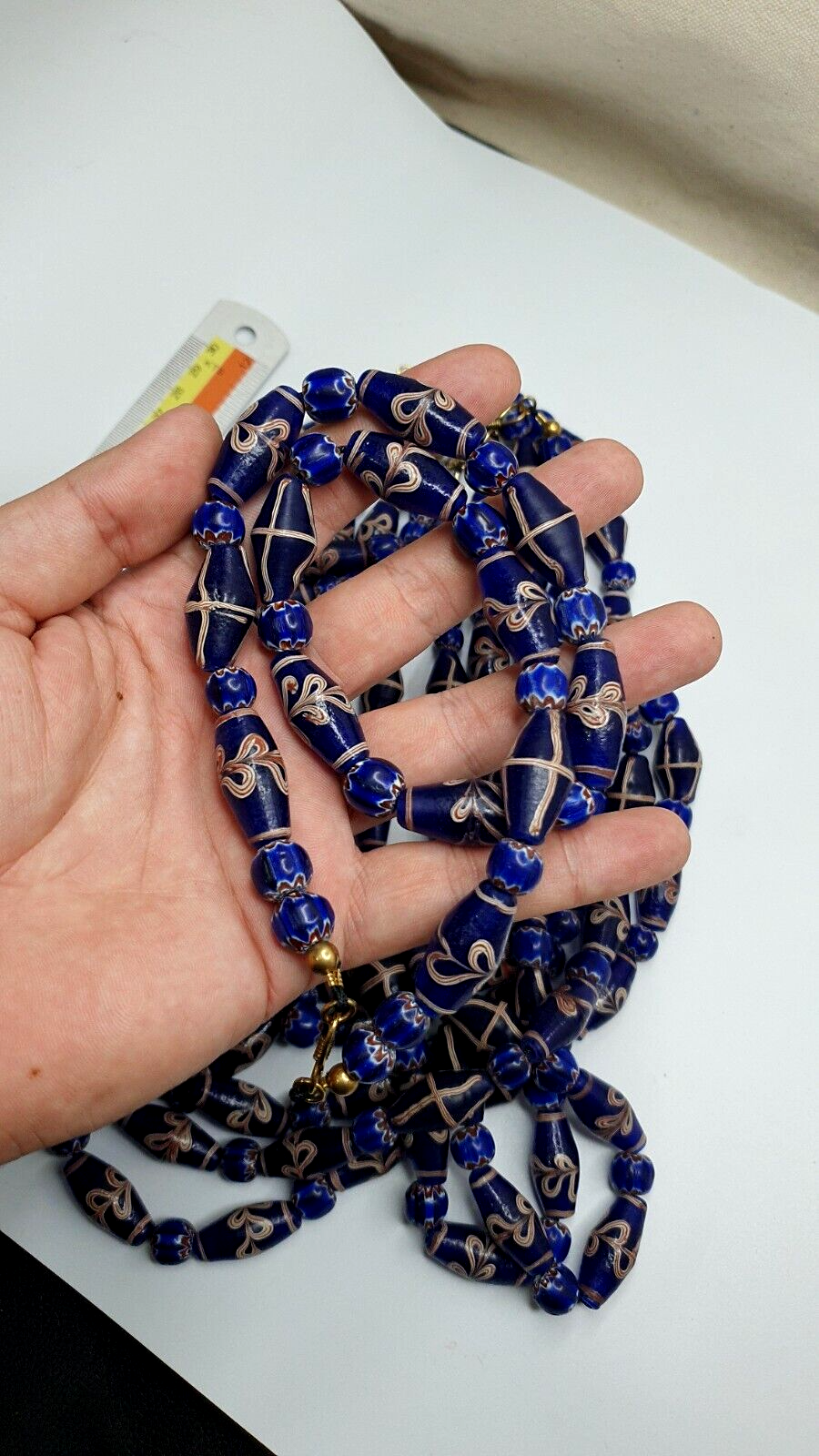 Beautiful Vintage Blue Floral ART Fancy and Chevron GLASS beads necklace