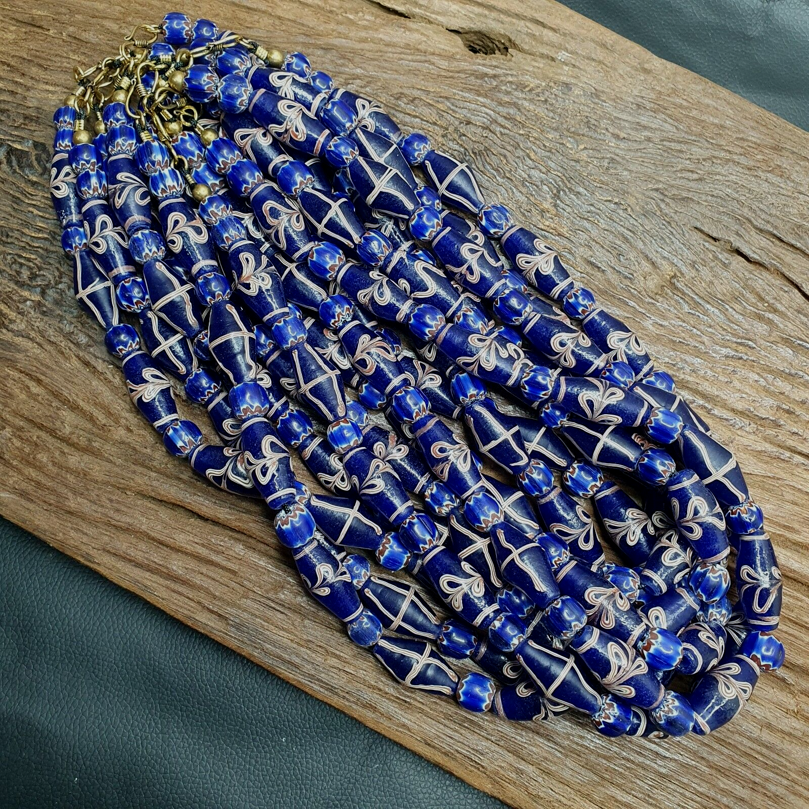 Beautiful Vintage Blue Floral ART Fancy and Chevron GLASS beads necklace