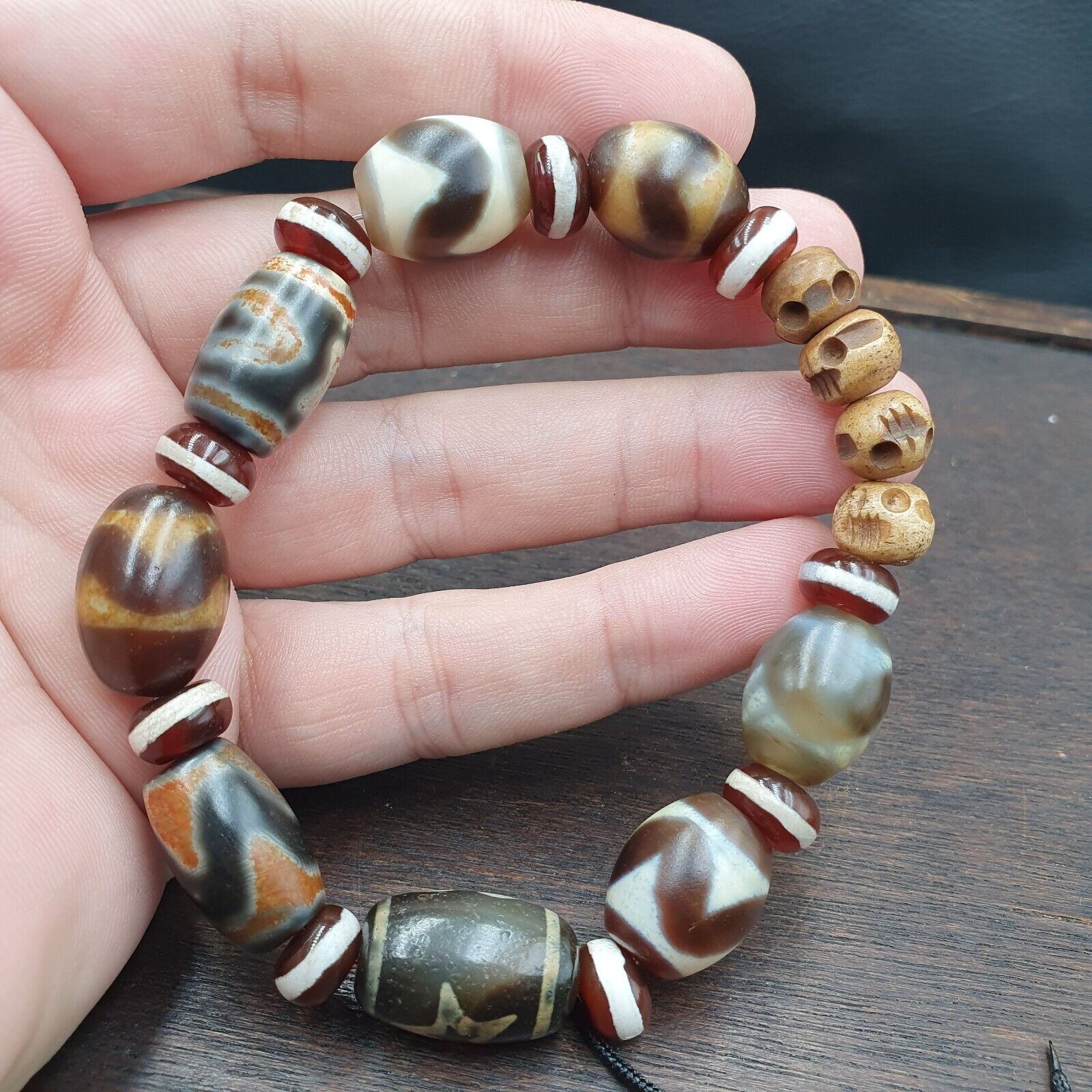 Antique Old Dzi Tibetan Chinese Agate Beads Bracelet