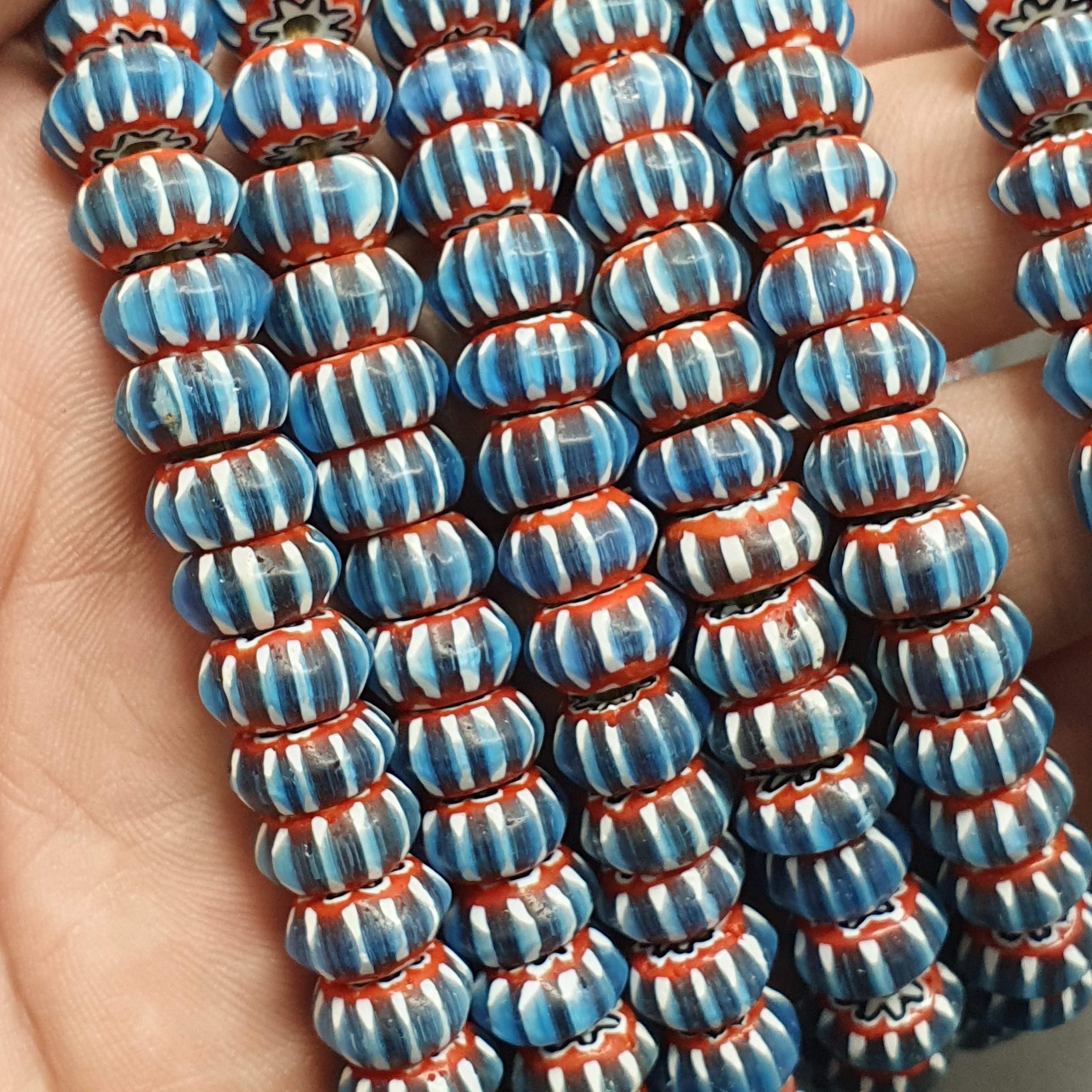 Vintage Venetian African Blue Glass Chevron 9mm Beads Long Strand
