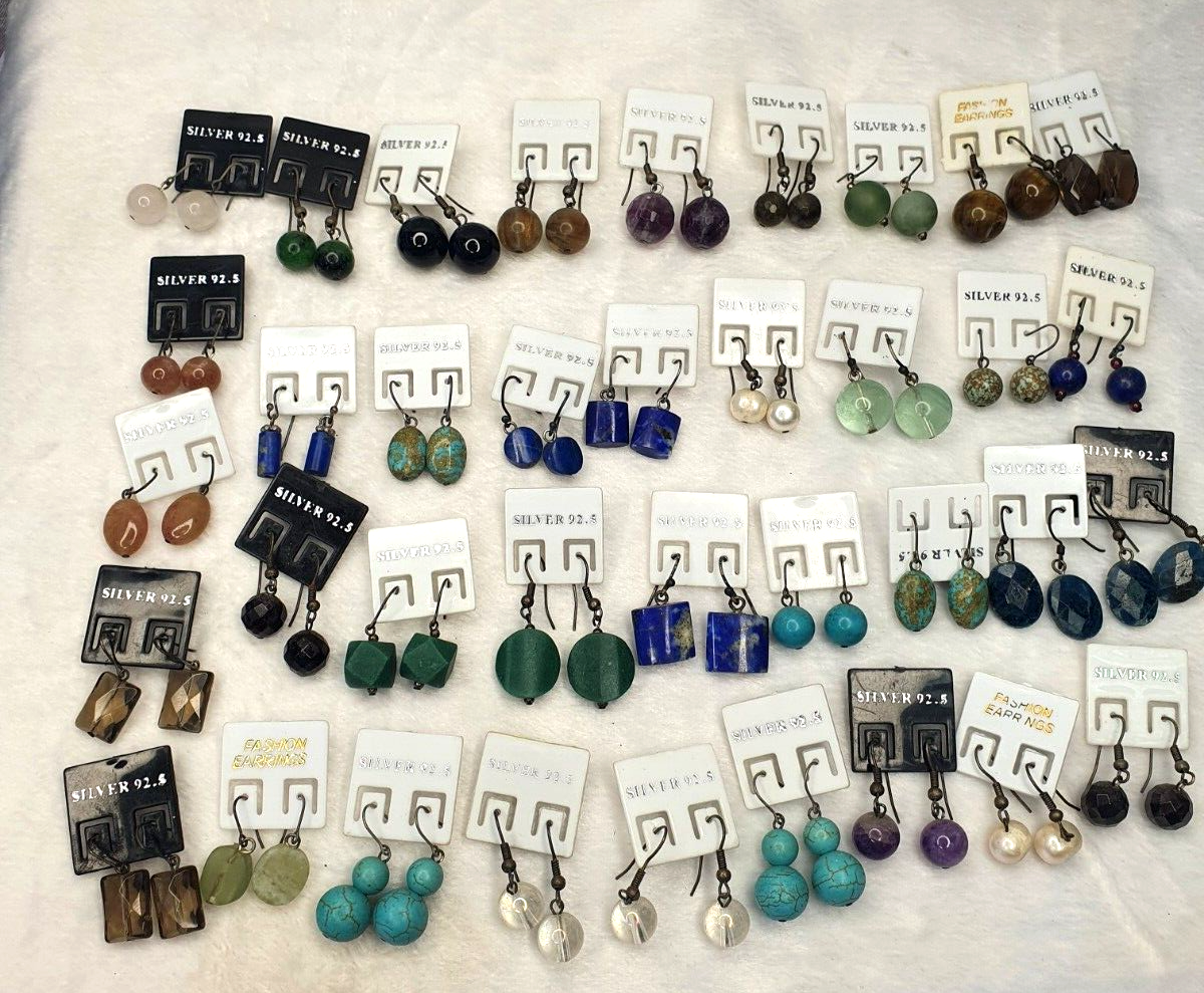 Vintage 925 Silver Natural Stones Earrings 36 Pairs Lot Assorted Stones