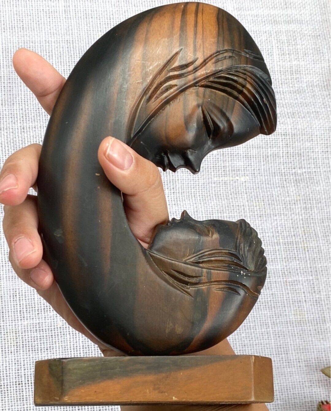 Vintage Mother and Child Hand Carved Wood Sculpture home decorating piece.