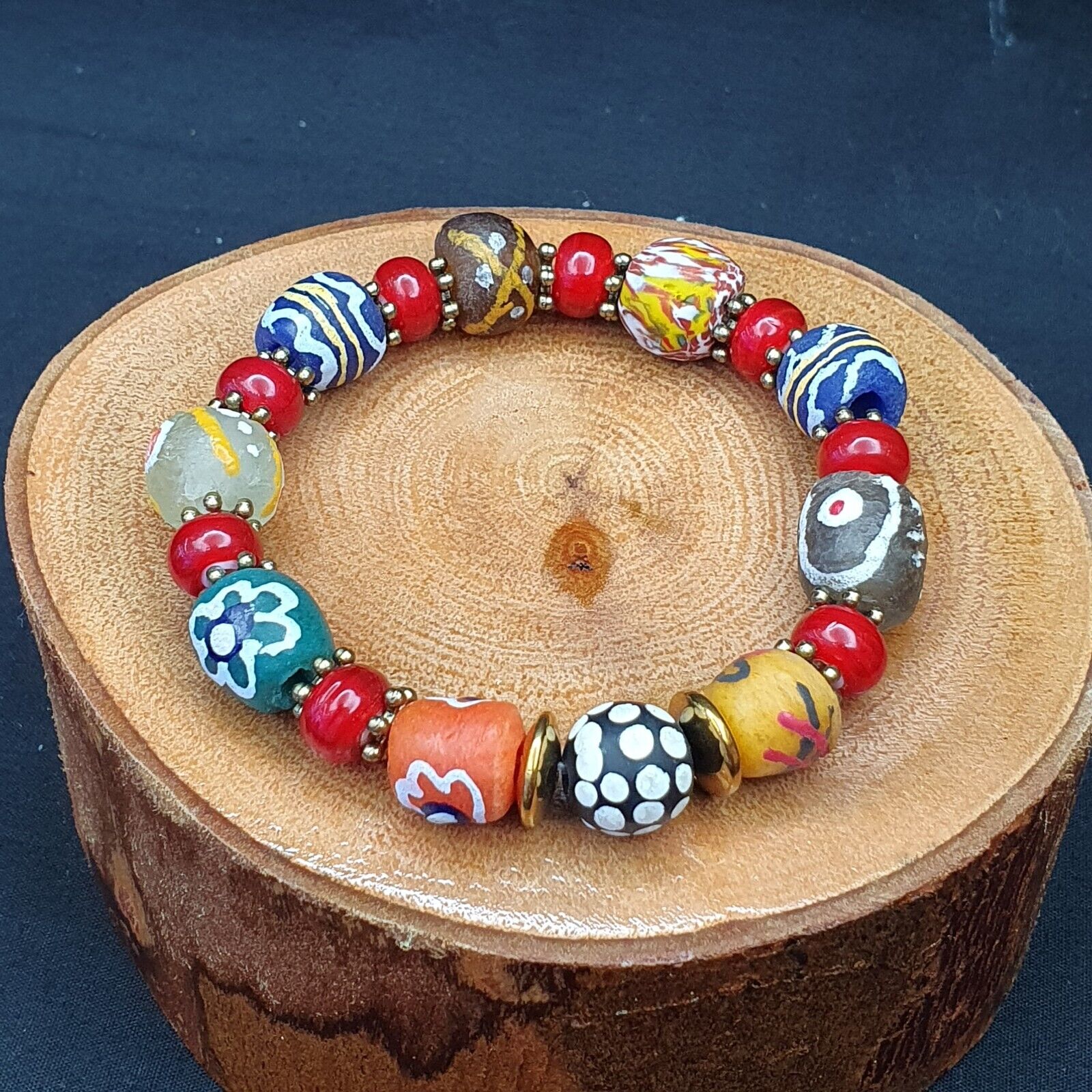 Vintage African Hand painted glass beads with beads Bracelet