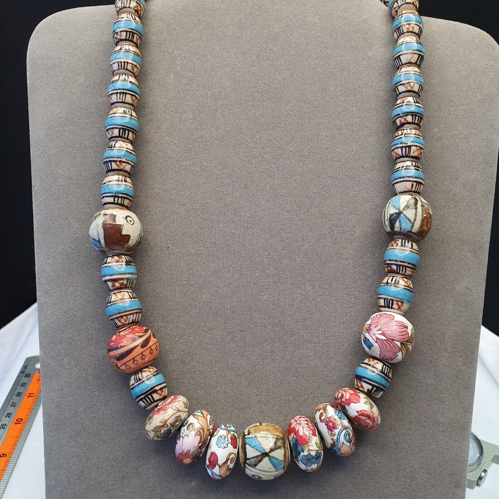 Hand painted Vintage ceramic and Glass beads Beautiful Beaded Necklace