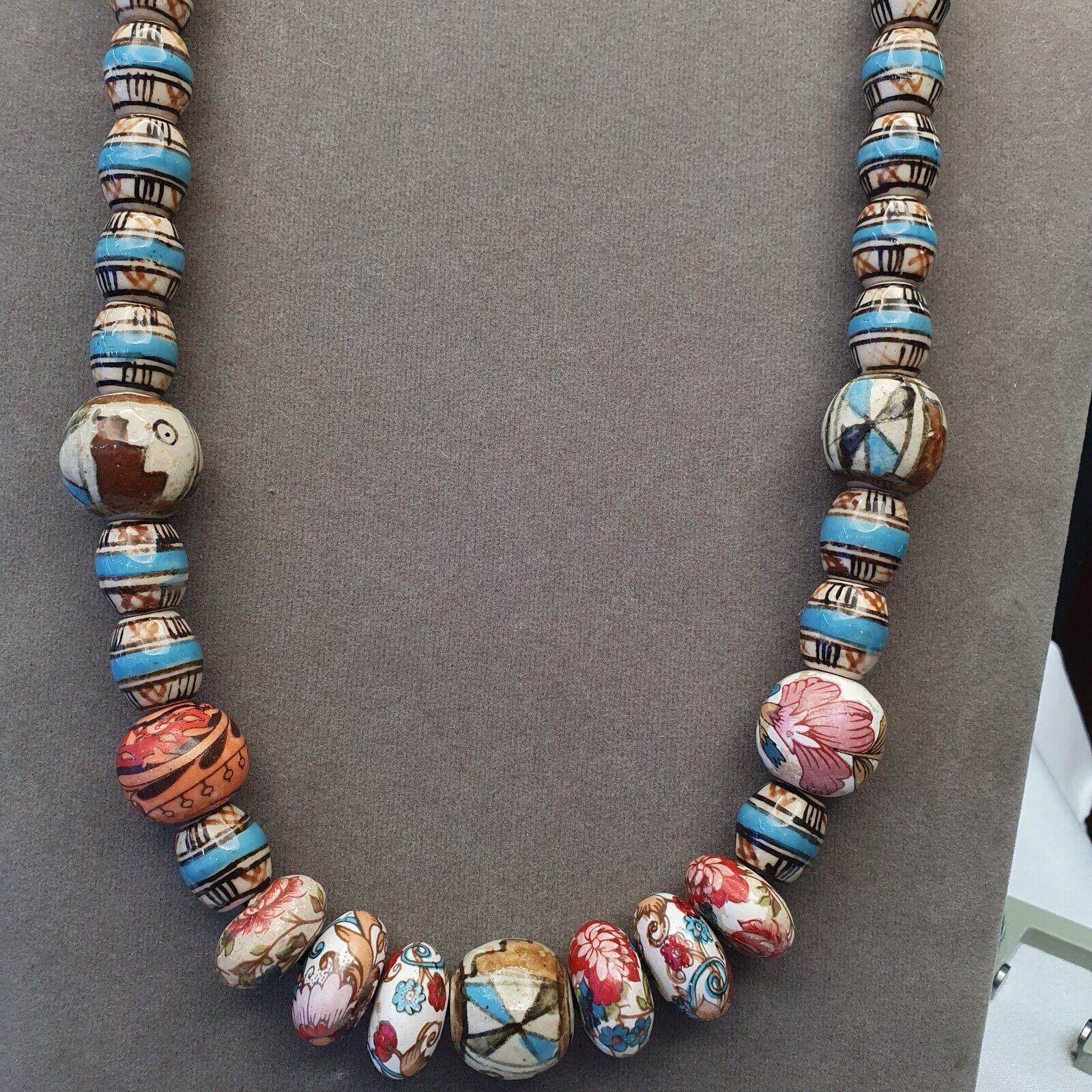 Hand painted Vintage ceramic and Glass beads Beautiful Beaded Necklace