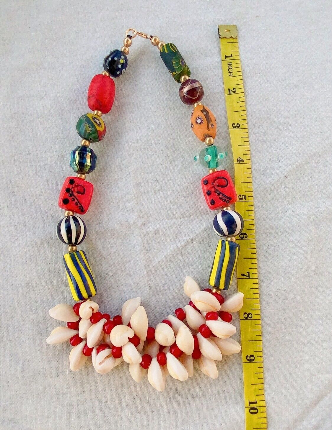 HANDMADE Antique White Heart beads Vintage and New GLASS BEADS Shell NECKLACE