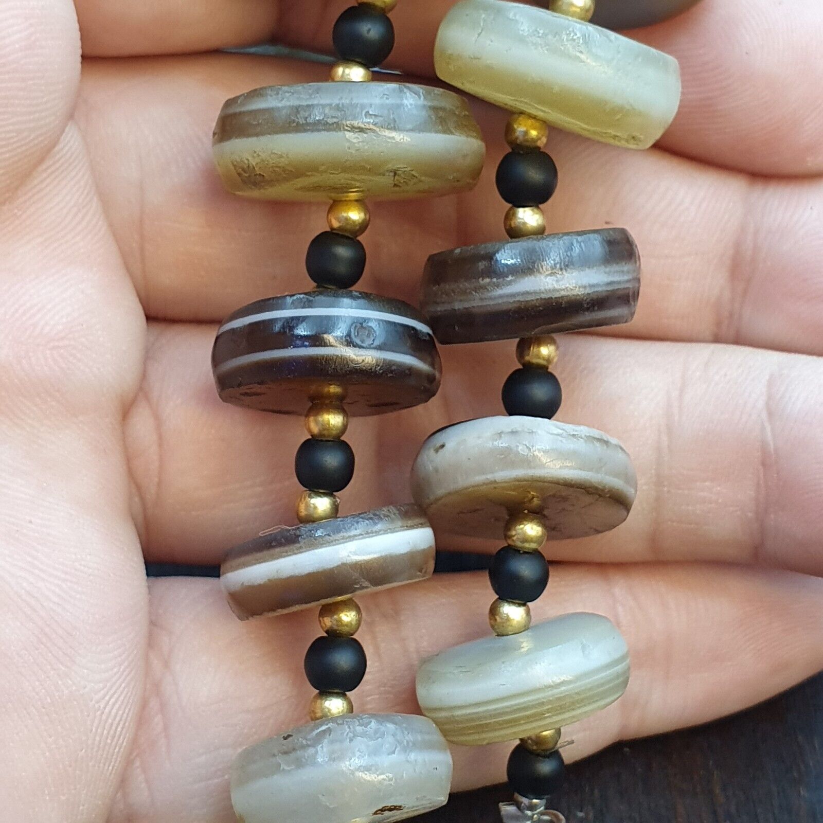 SEHR SELTENE SAMMLUNG ALTER ACHATSTEIN 1-Linien-SCHEIBE Indien Himalia Perlen Halskette