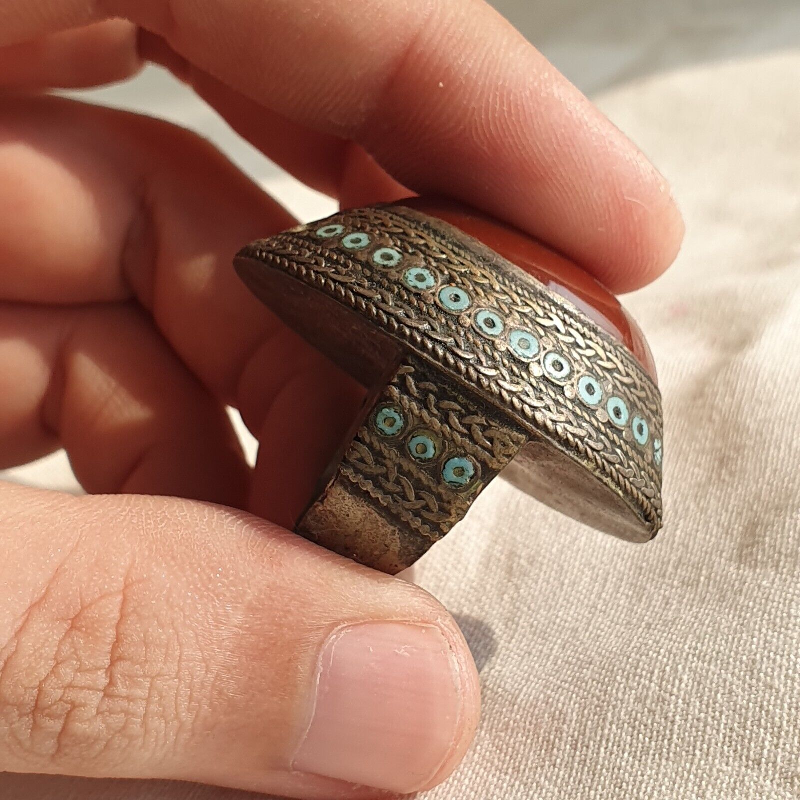 Antiker Achat-Karneol-Intaglio-Stein-Mix-Silber-verzierter großer Ring