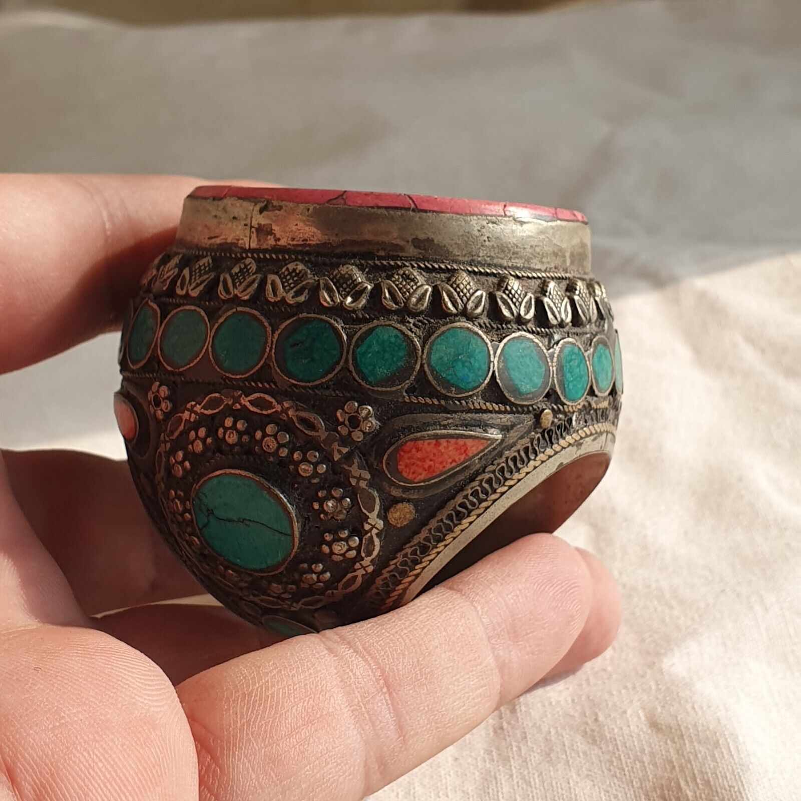 Ancient Eastern Decorated Intaglio Stone Mix Silver Big Ring