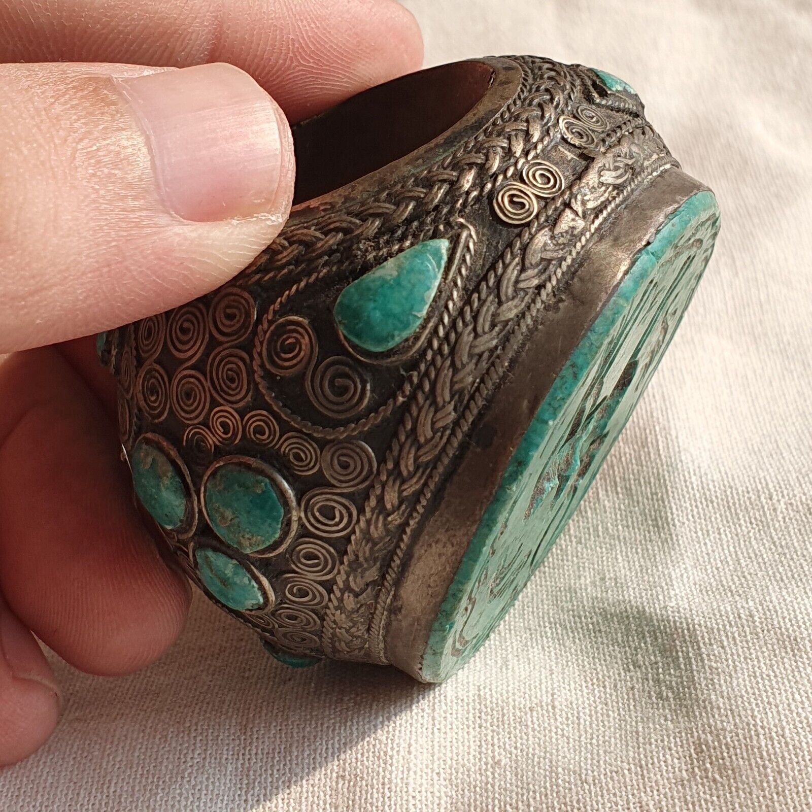 Ancient Near Eastern Intaglio Stone Mix Silver Decorated Big Ring