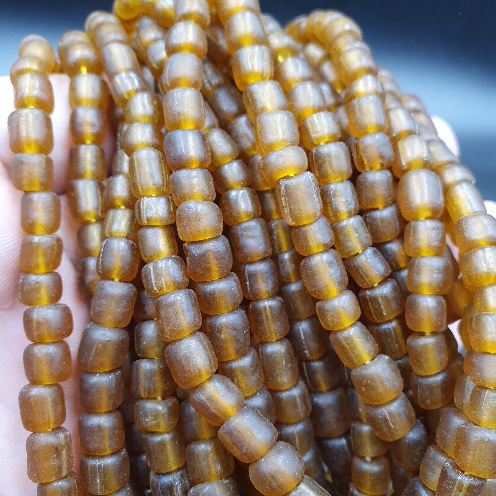 2 Vintage OLD AFRICAN Brown GLASS  Stripes BEADS 7-9MM beads Strand x 2