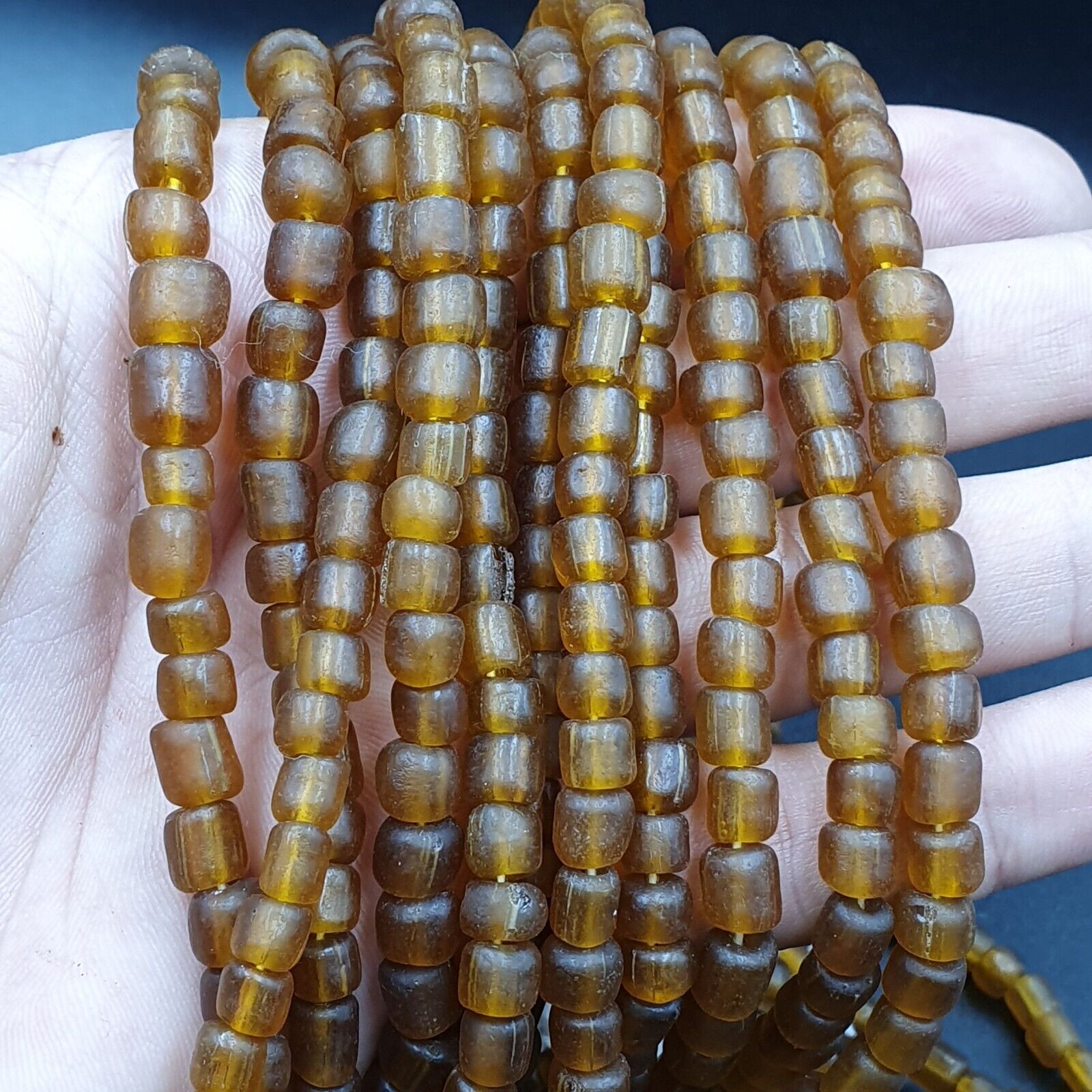 2 Vintage OLD AFRICAN Brown GLASS  Stripes BEADS 7-9MM beads Strand x 2