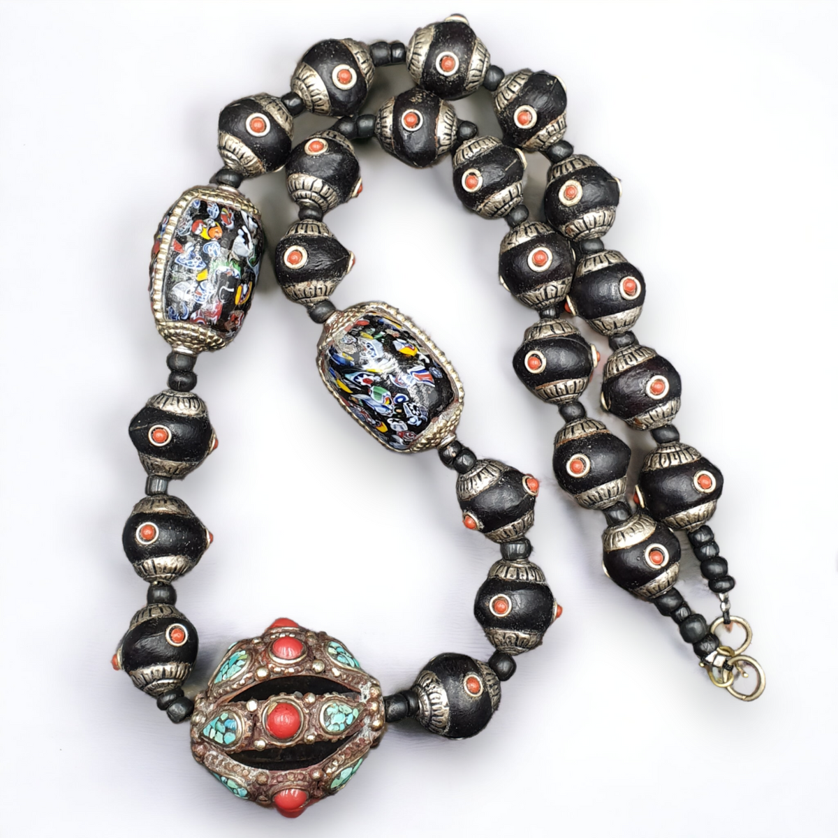 Wunderschöne alte tibetische silberne nepalesische Korallen- und Türkis-Antikschmuck-Halskette 