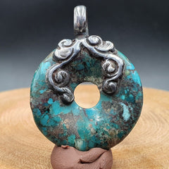 VINTAGE Antik Natur Blau Türkis 925 SILBER Donut Form Anhänger Halskette