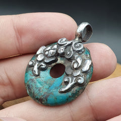 VINTAGE Antique Natural Blue Turquois 925 SILVER Donut Shape Pendant Necklace