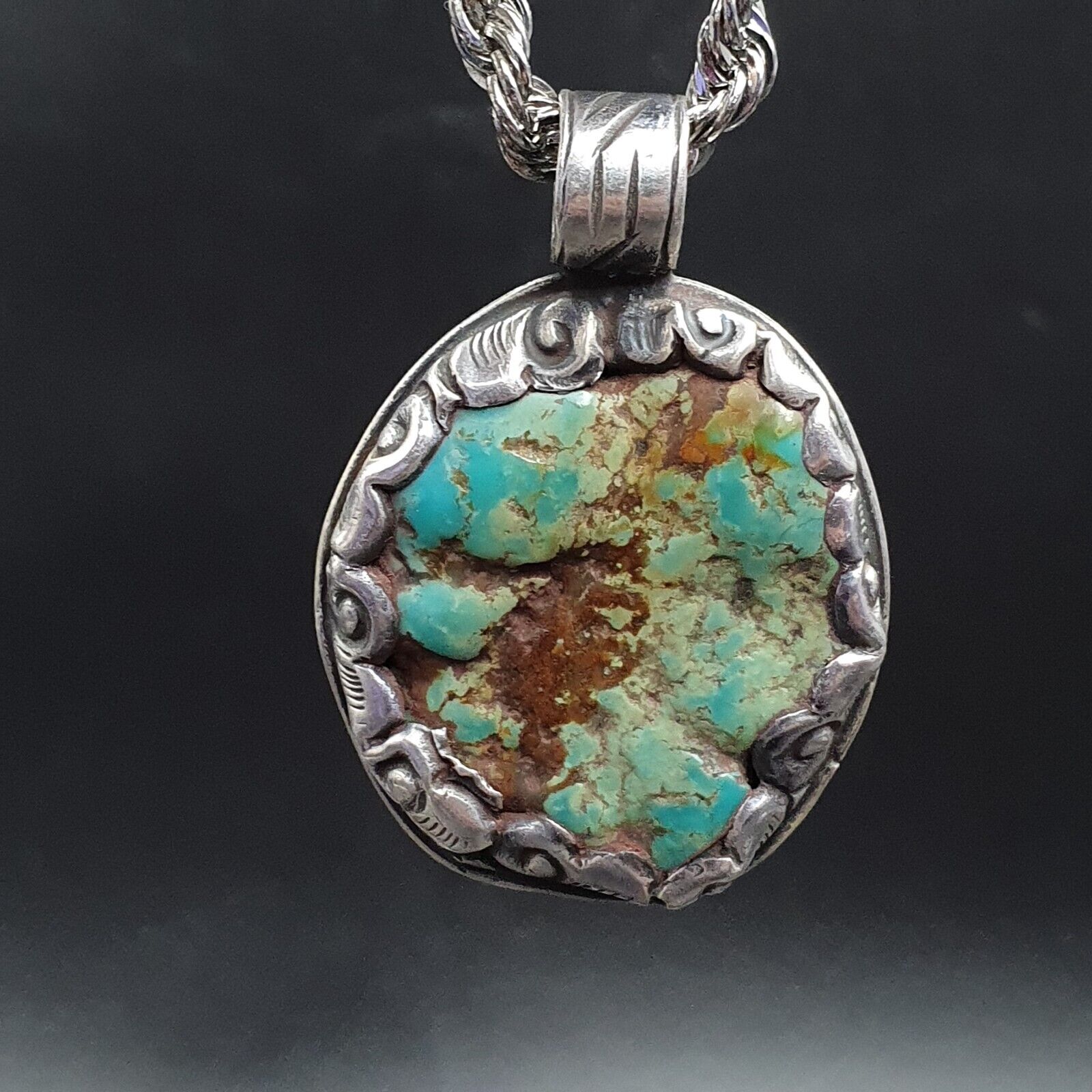 VINTAGE Natural USA Turquoise 925 SILVER Pendant Necklace