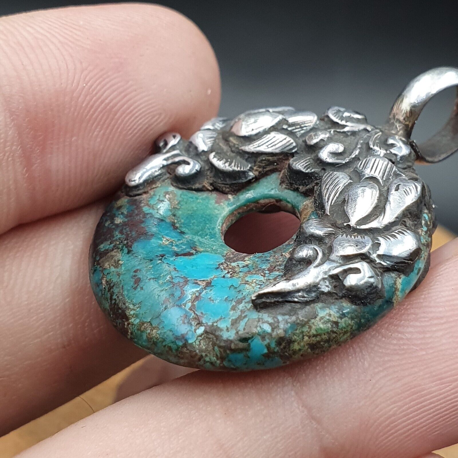 VINTAGE Antike natürliche blaue Türkis 925 SILBER Anhänger Halskette
