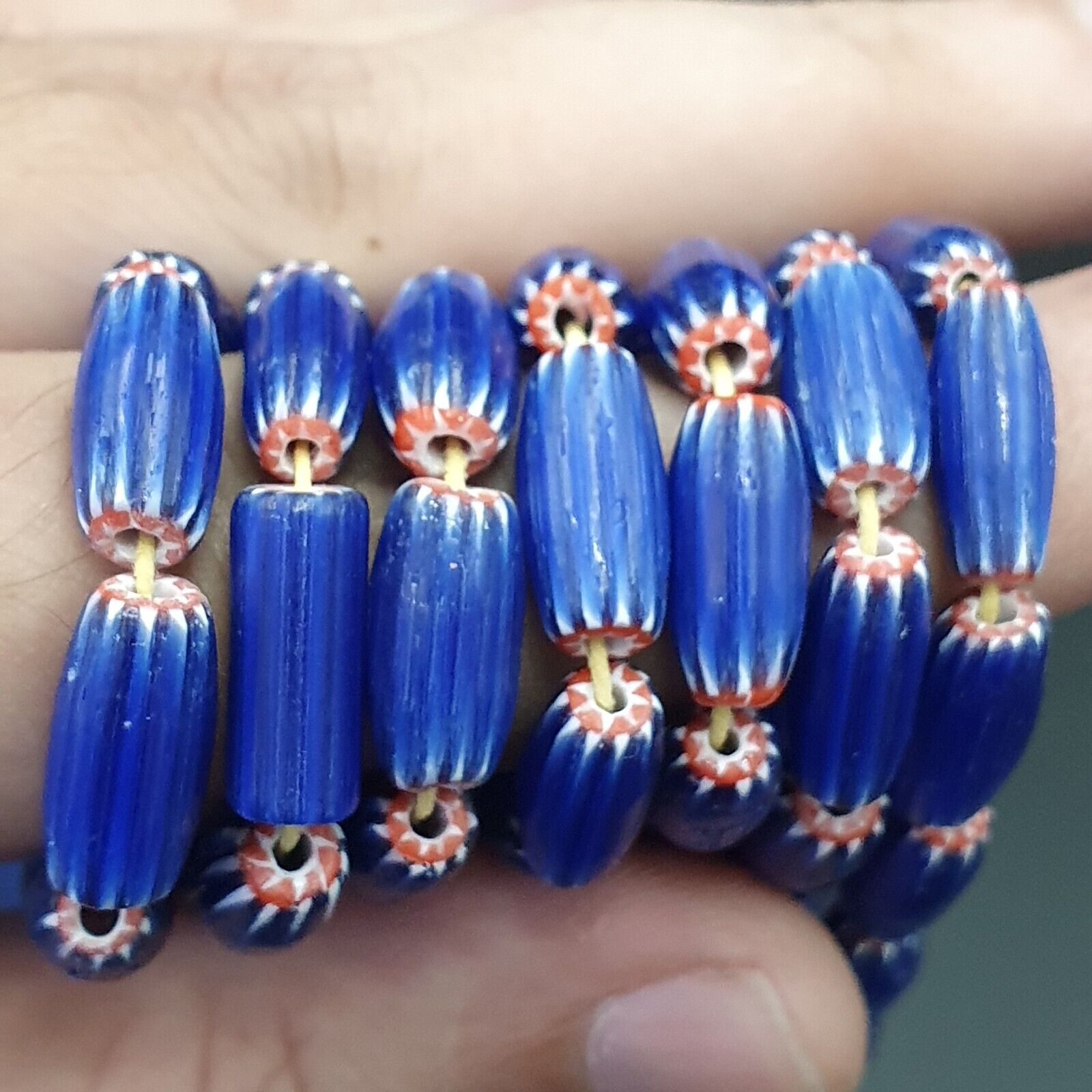 Vintage BLUE Chevron Beads Venetian African Style 13mmx6.mm Beads Strand