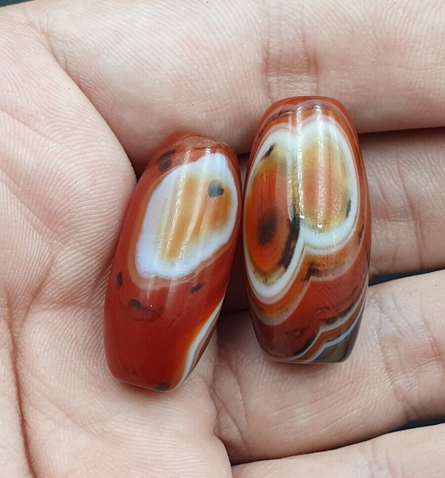 2 Red Agate Beads Vintage Himalayan Indo Tibetan Very Rare Patterns Amulet Beads