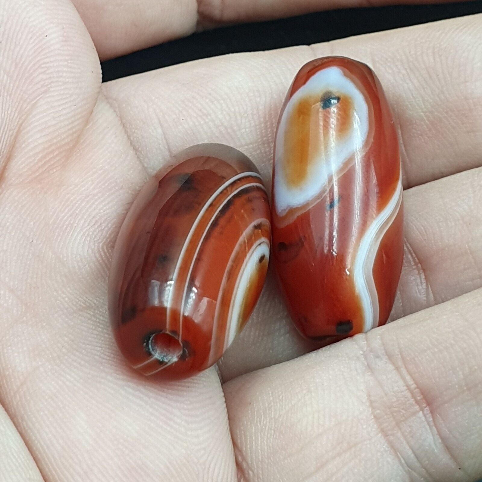 2 Red Agate Beads Vintage Himalayan Indo Tibetan Very Rare Patterns Amulet Beads
