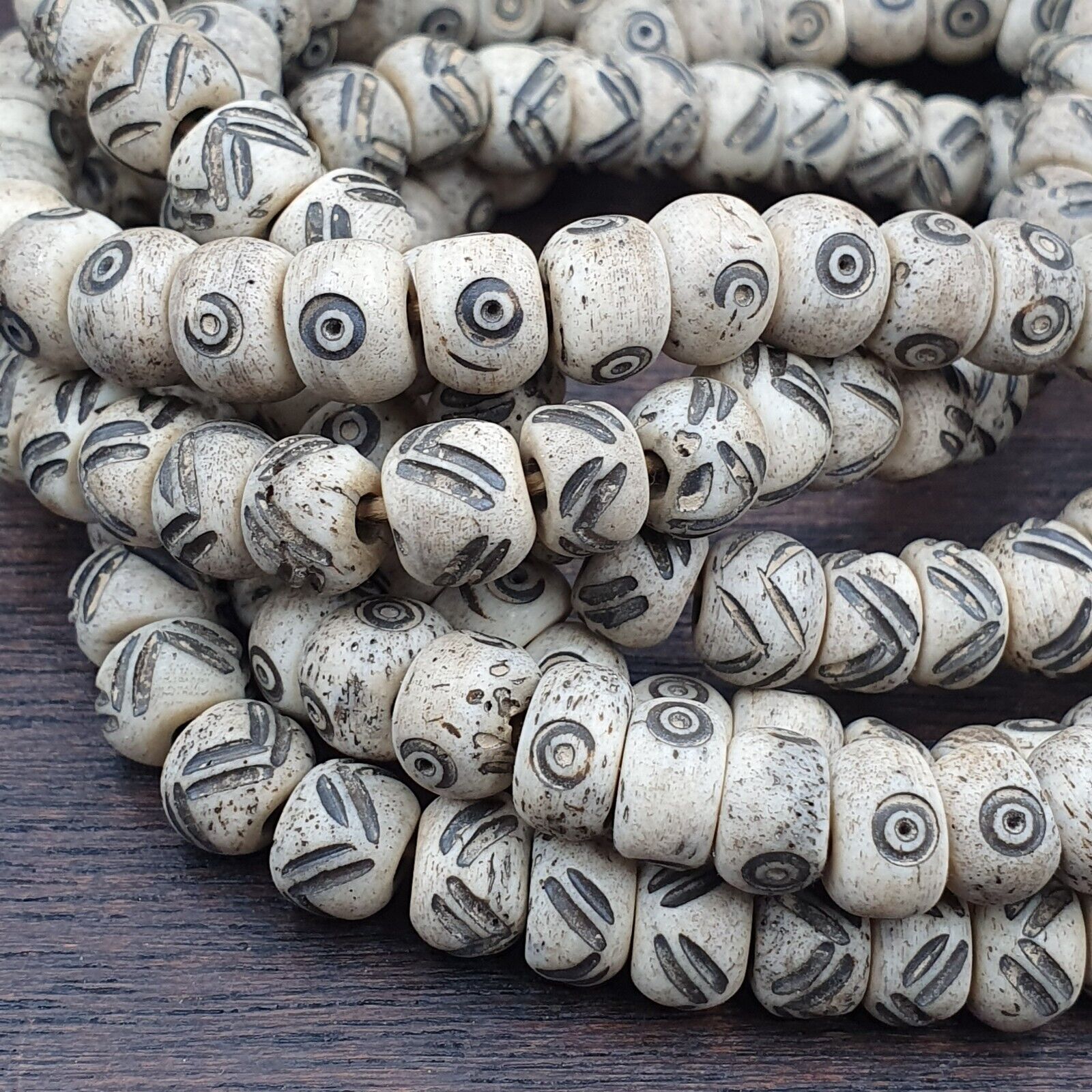 2 Old Tibetan Chinese Carved Necklace Tribal Decorated Beads Strands