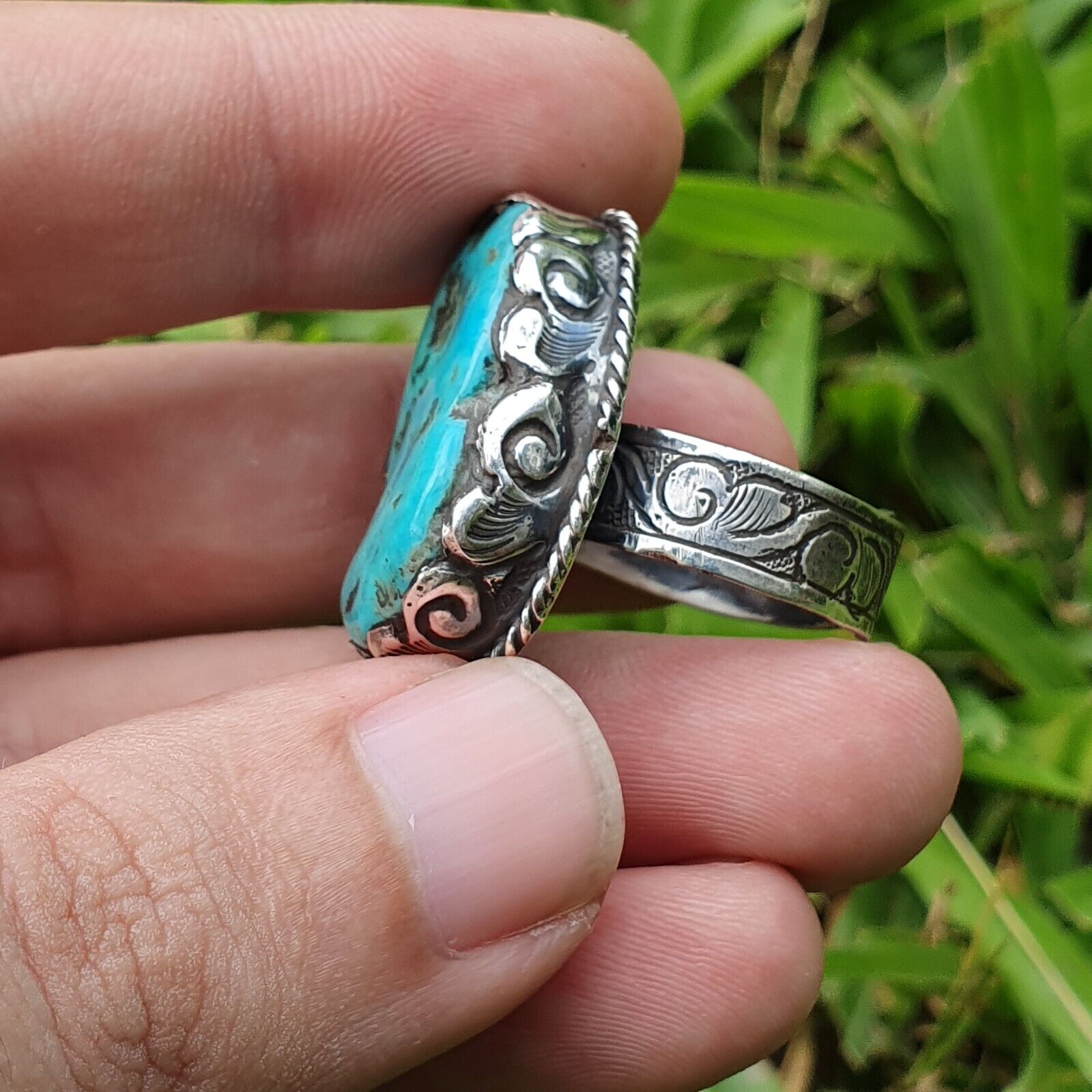 Großer Herren-Ring aus natürlichem Türkis im Vintage-Stil aus STERLINGSILBER
