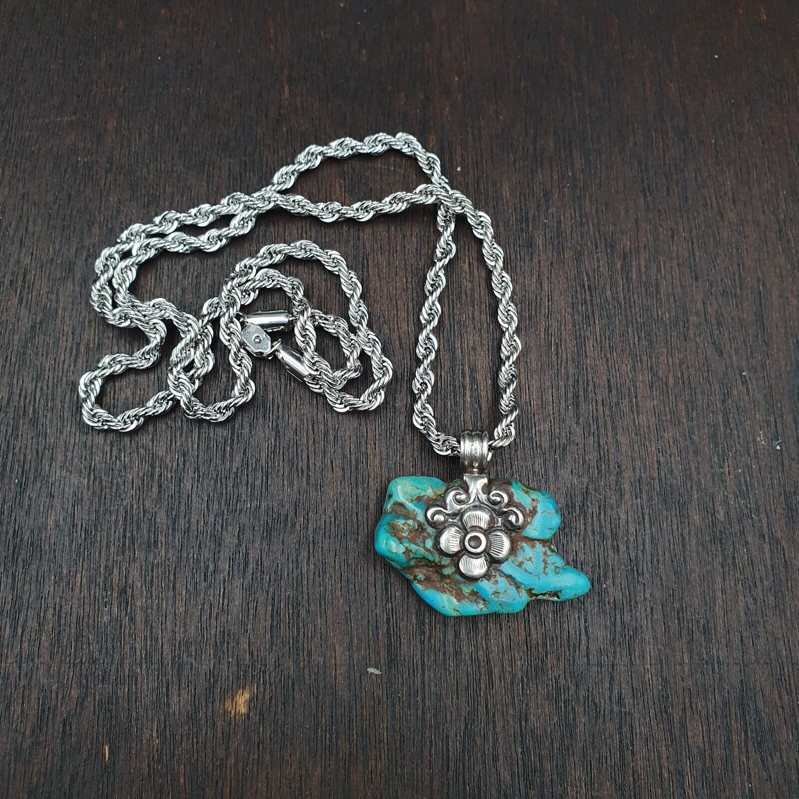 VINTAGE Natural Turquoise SILVER Pendant Necklace #3