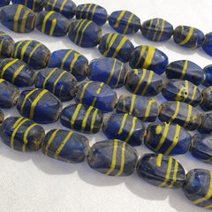 Vintage WUNDERSCHÖNE ALTE AFRIKANISCHE gelbe Streifen Blaue ANTIKE GLASPERLEN 20x12MM