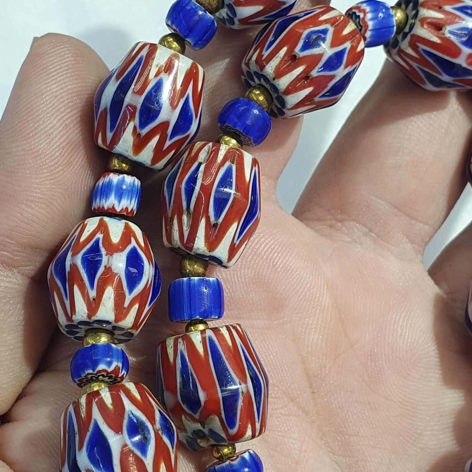 Very Unique Vintage Venetian Style Old Blue Chevron Glass Beads Long Strand