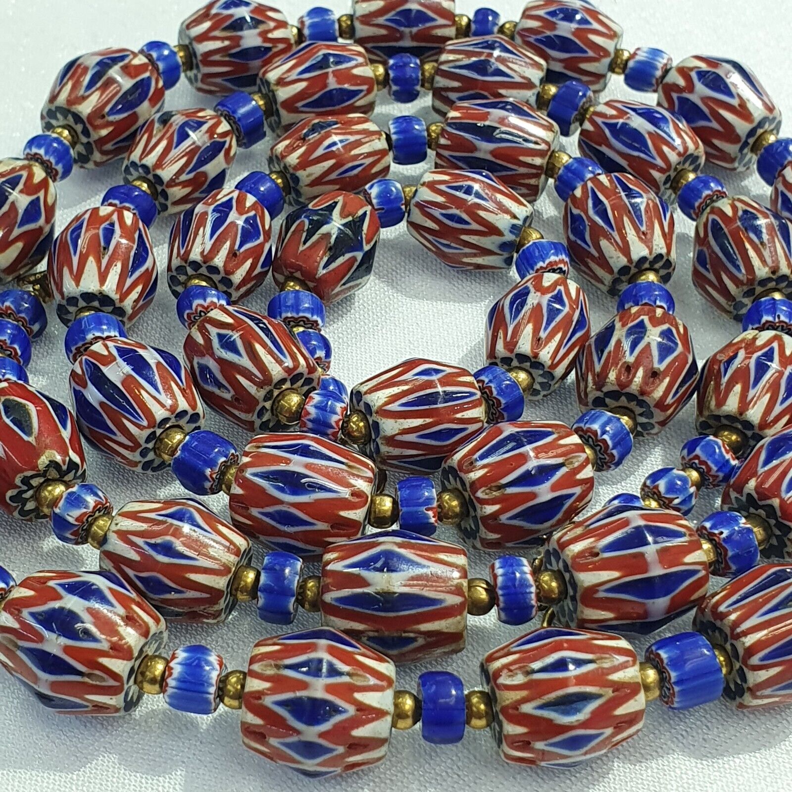 Very Unique Vintage Venetian Style Old Blue Chevron Glass Beads Long Strand