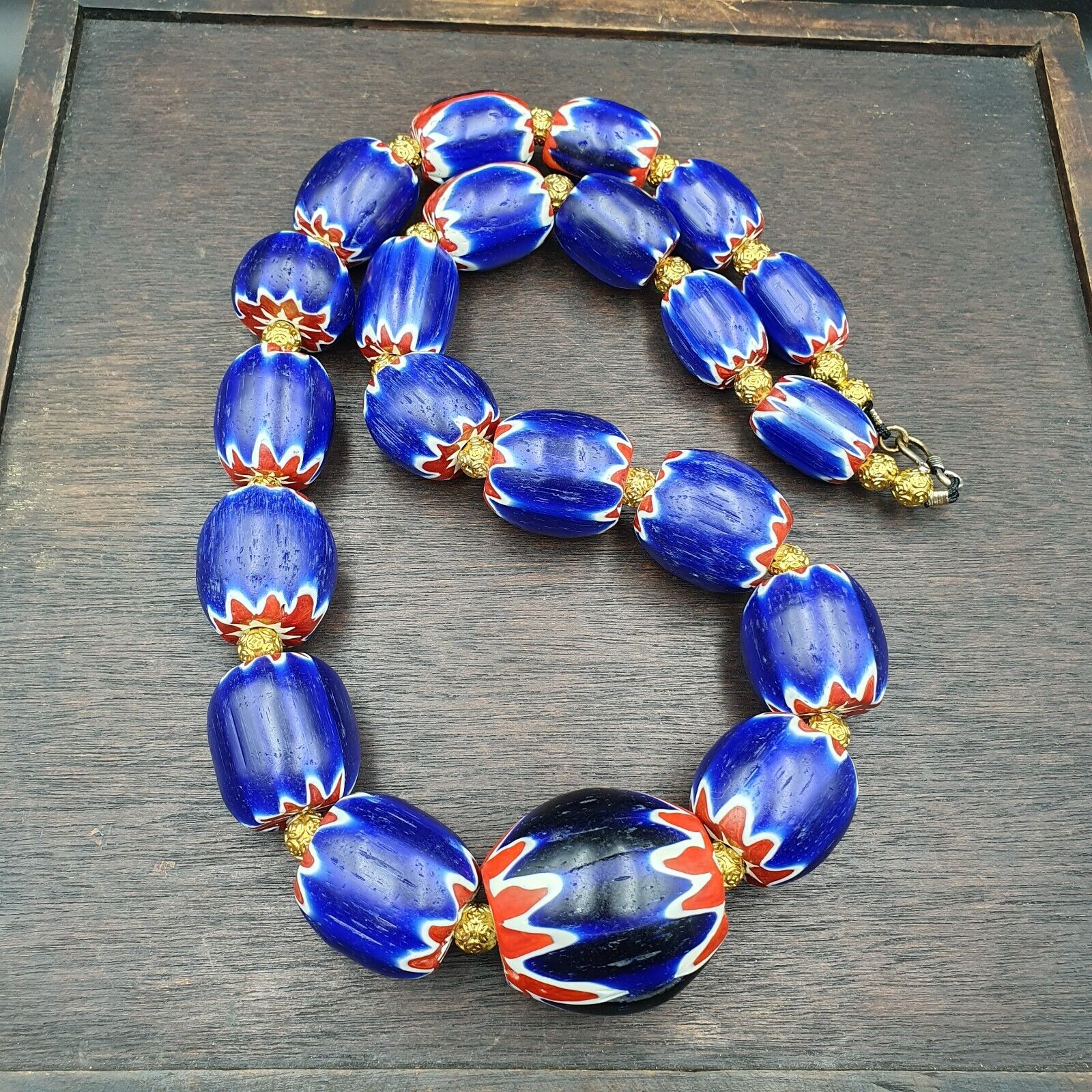 600g Vintage Old Blue Chevron Venetian Style Trade beads 40mm Beads Necklace