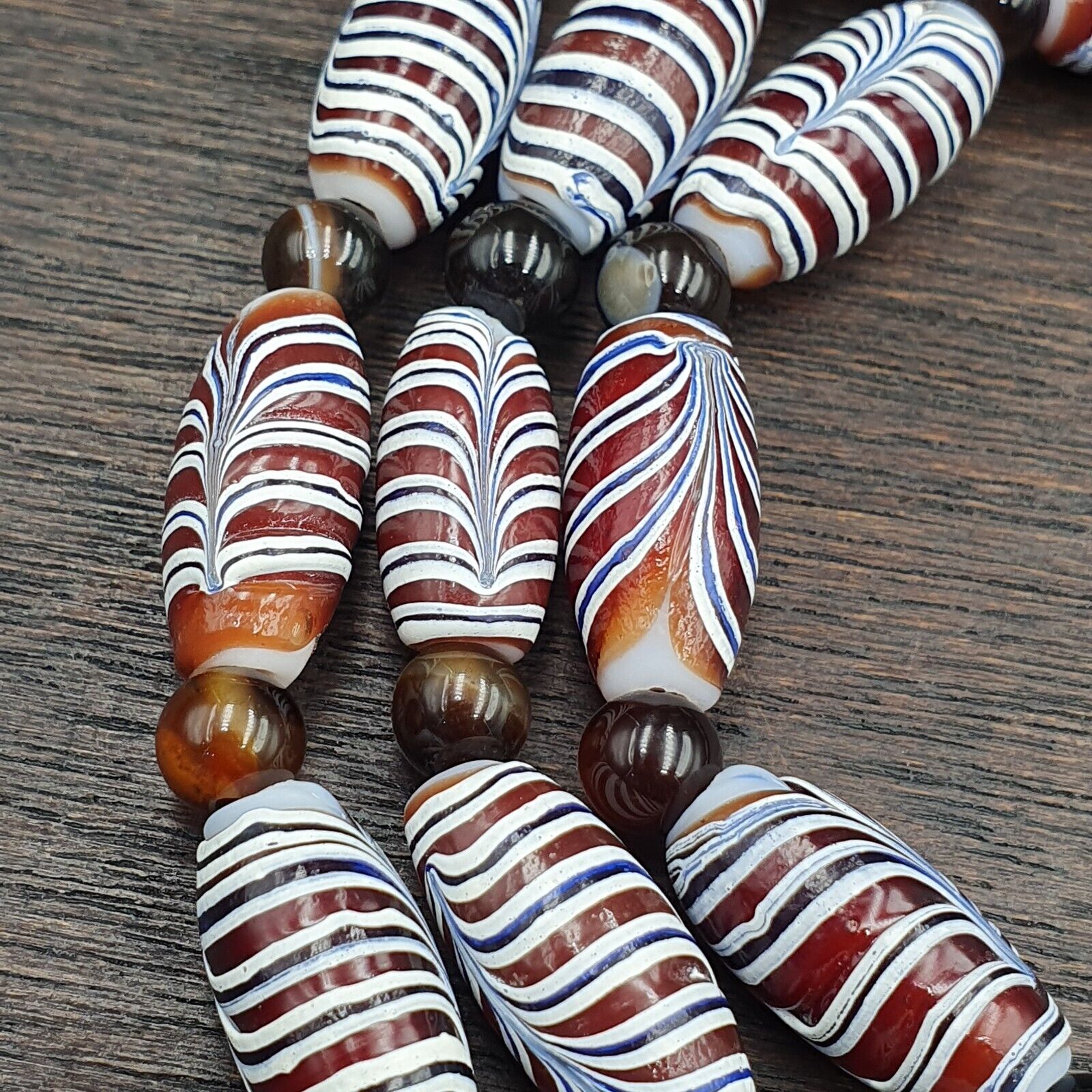 Set Of Vintage Feather pattern & Agate Beads 18x9.5MM  24" Necklace and bracelet