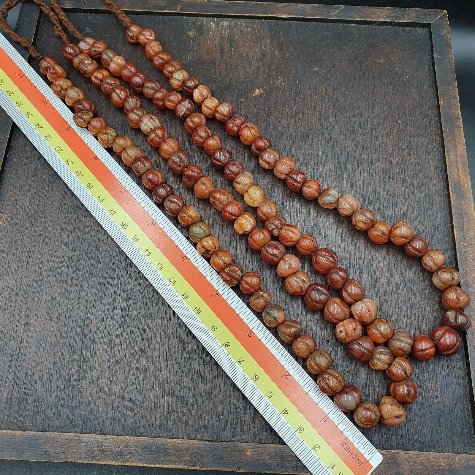 2 Vintage Himalayan Tibetan Carnelian Carved Agate Melon Shape Beads Necklace