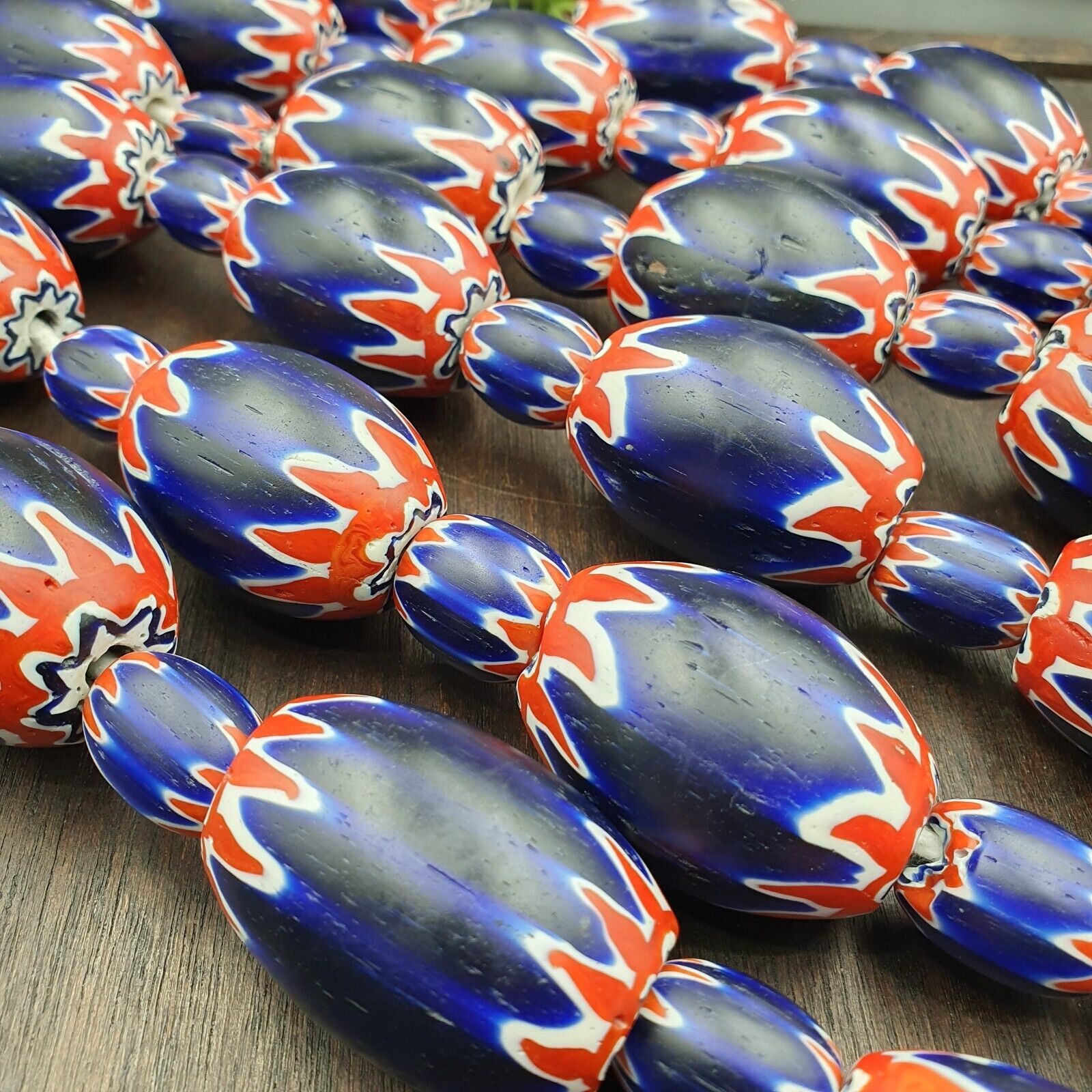 500g Antique Venetian inspired African Blue Glass Chevron With Big Beads 30x20mm