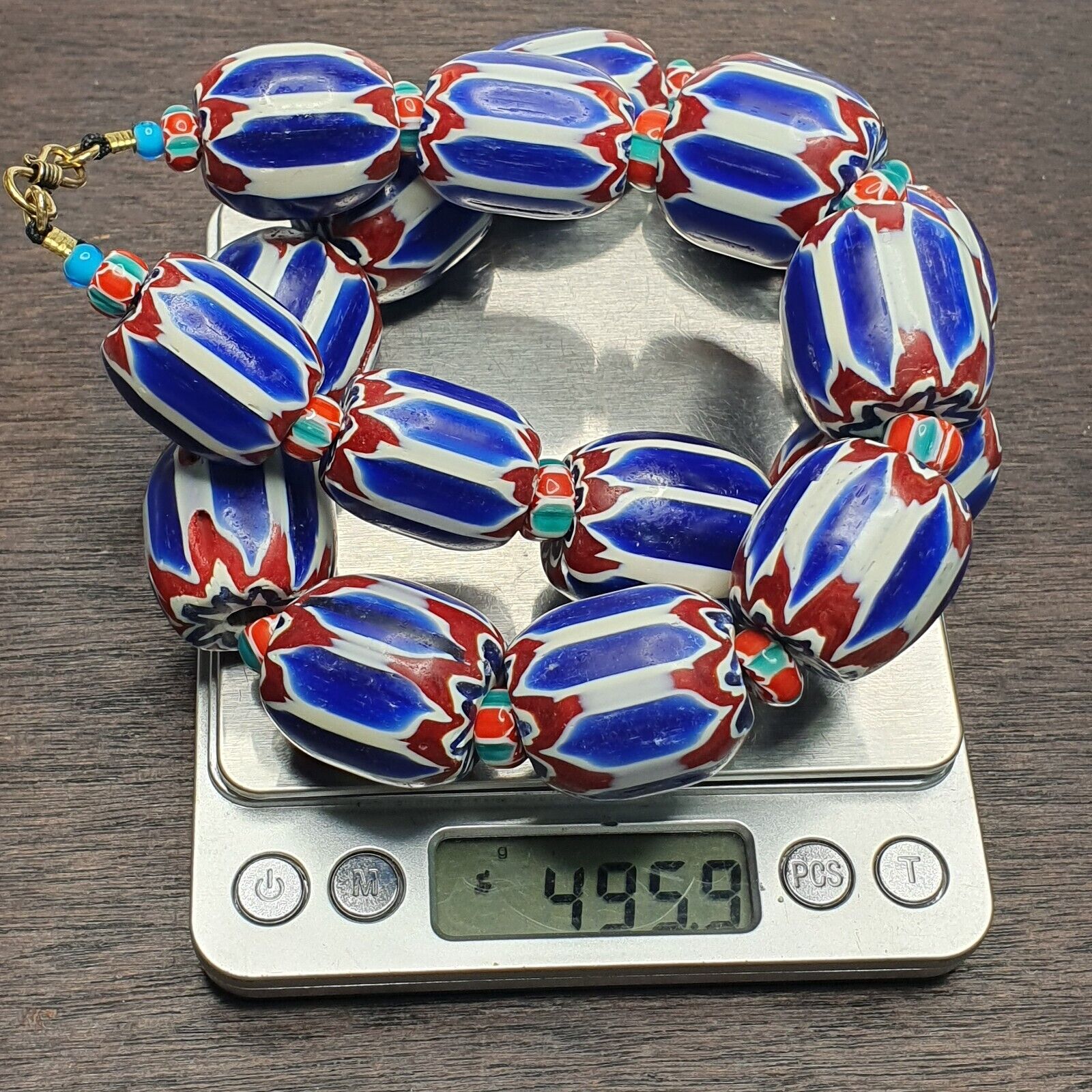 495g Venetian inspired African Blue Glass Chevron Big Beads Necklace