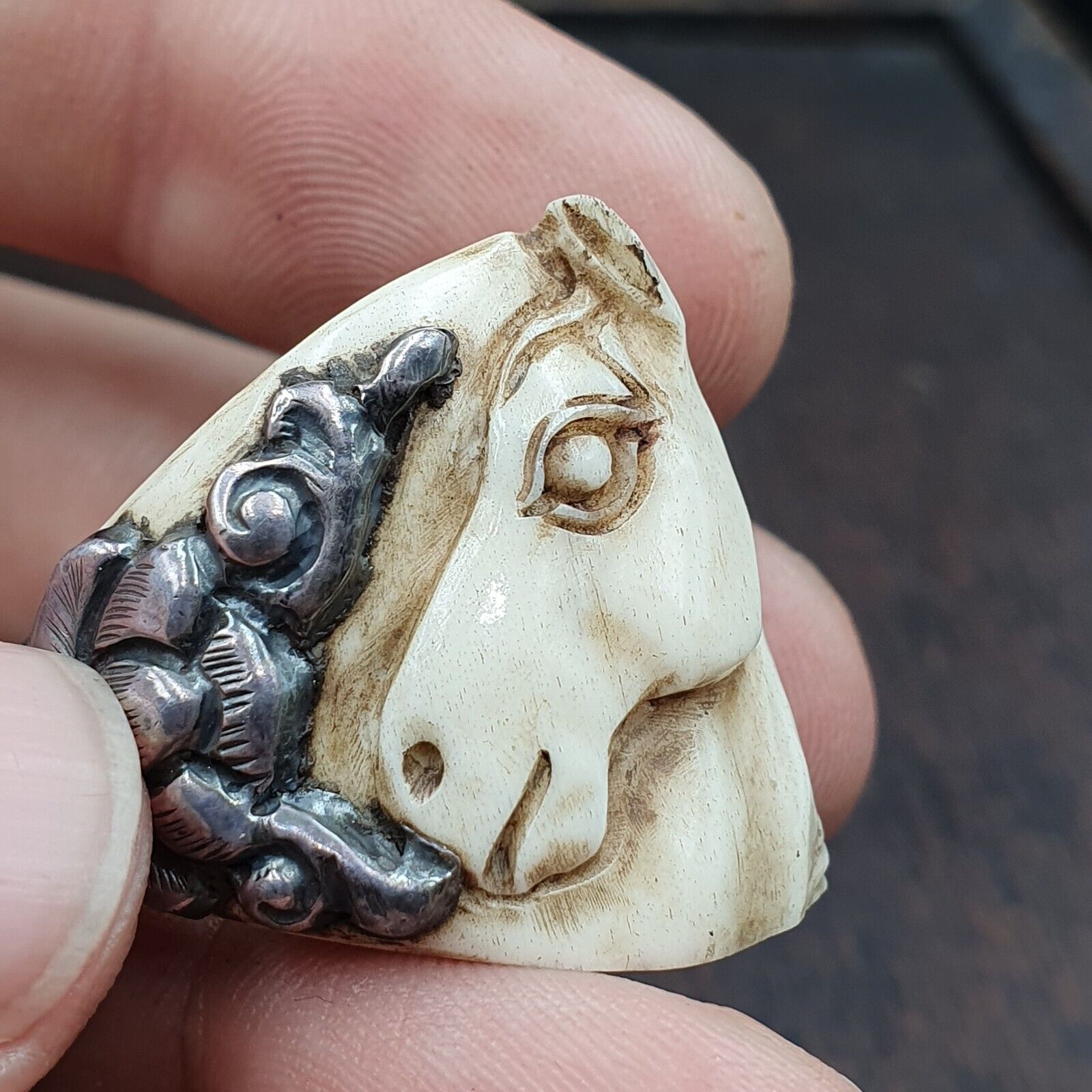 Antique Cowboy Hand carving Horse Head 925 Sterling Silver Ring