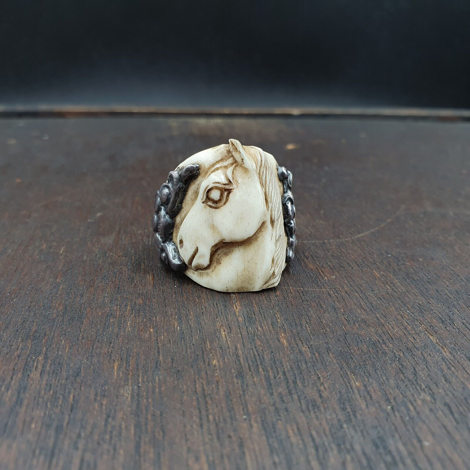 Antique Cowboy Hand carving Horse Head 925 Sterling Silver Ring